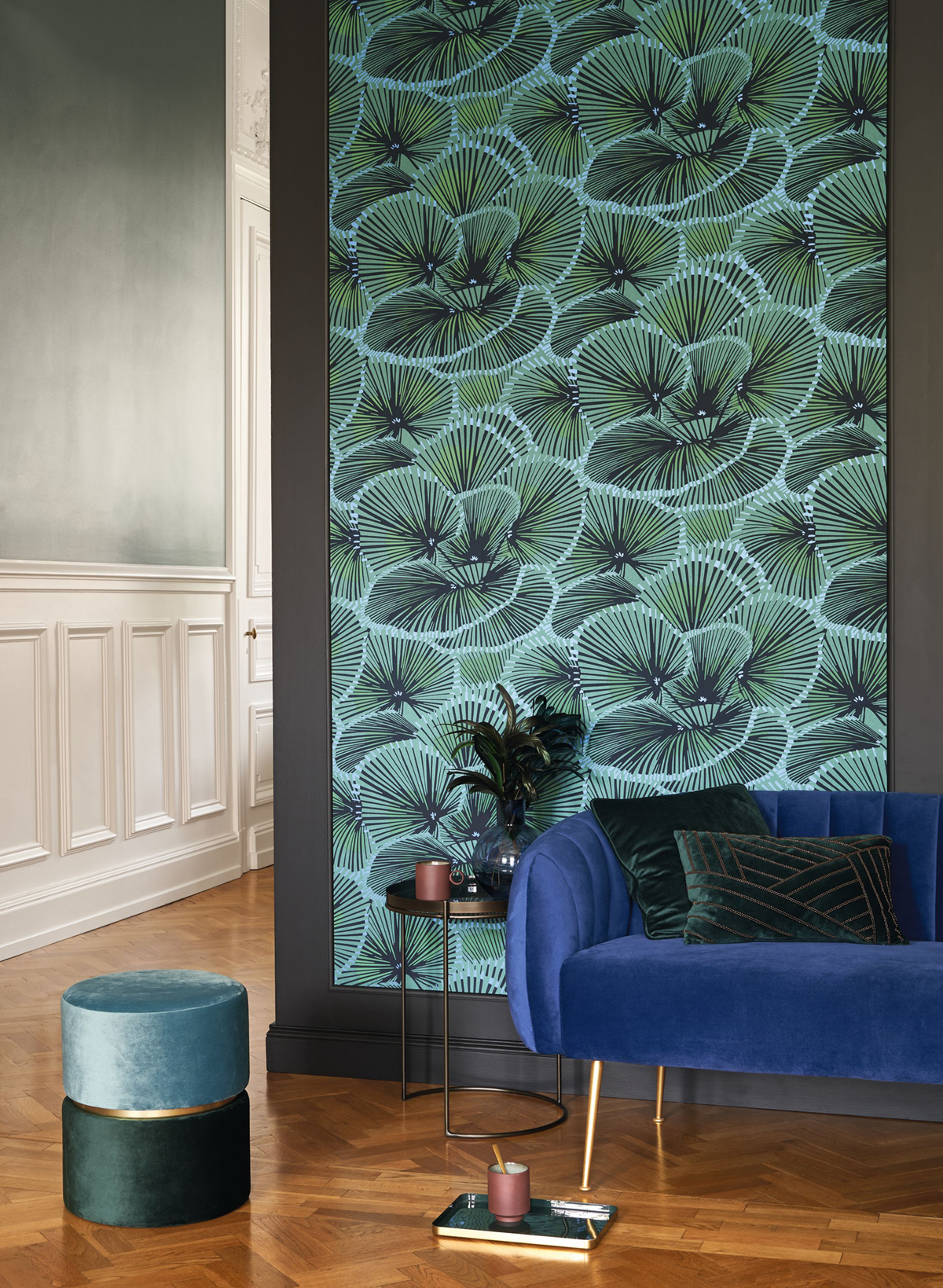 Papier peint Fleur Graphique Cabaret vert bleu - Twenties de Casadéco | Réf. TWNT88647575