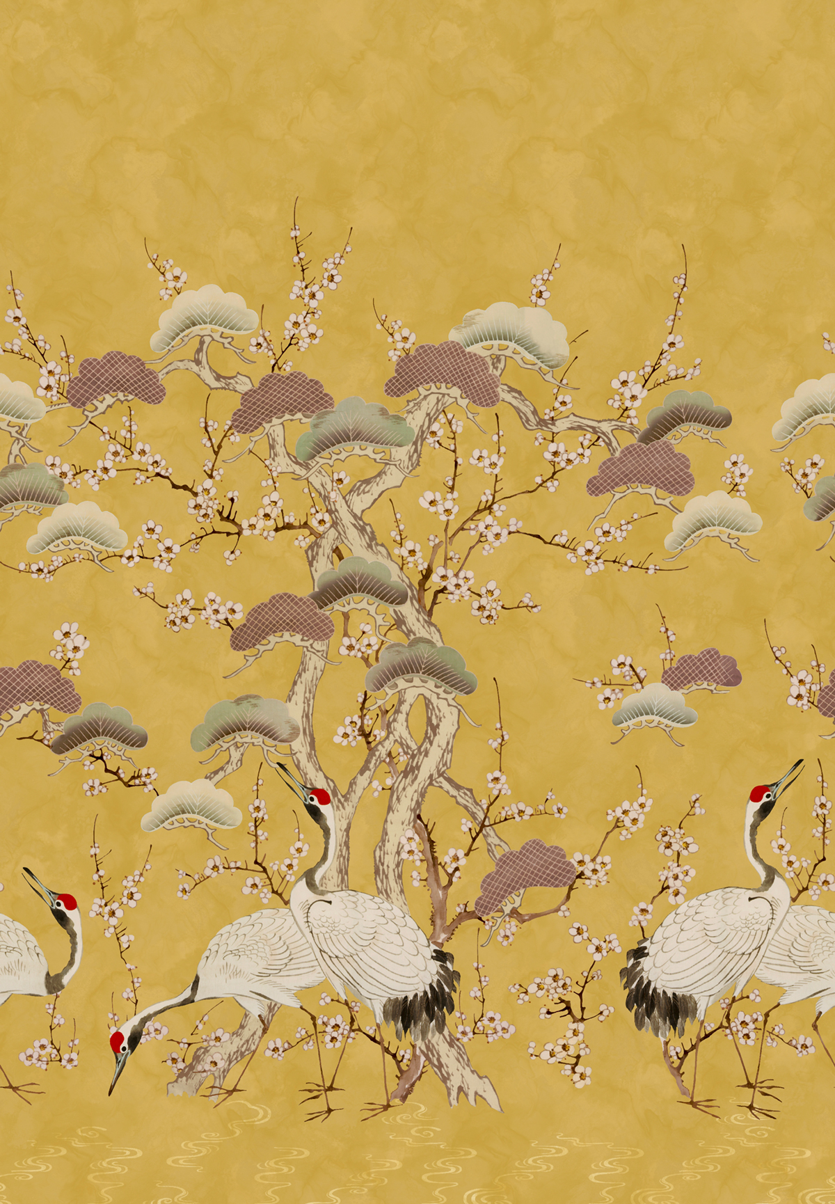 Papier peint panoramique Oiseau Grue Kyoto Blossom jaune - V&A Decorative Papers d'Initiales | Réf. INI-31117402