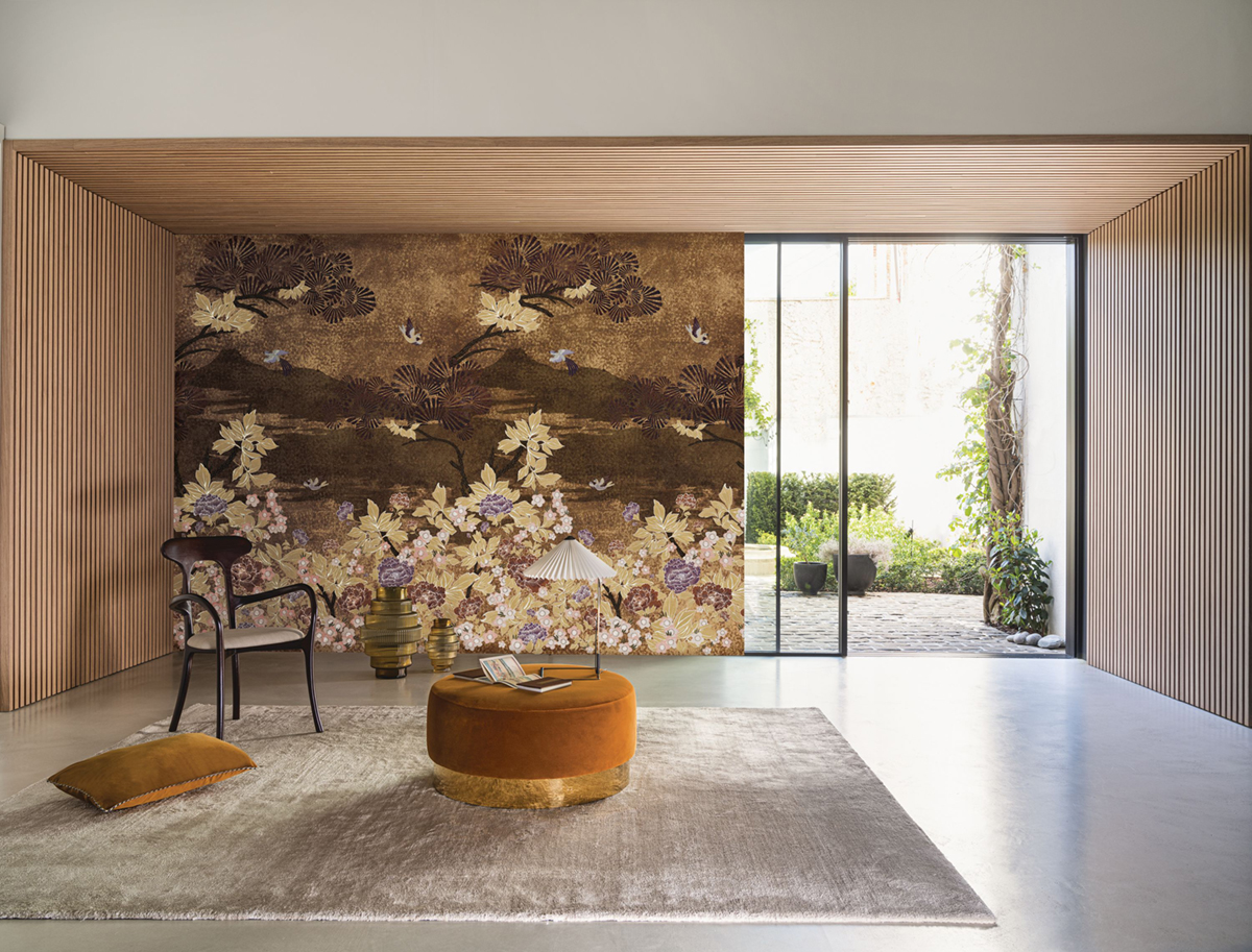 Papier peint Panoramique Fleurs Japon Kansai brun doré - Archipel de Casamance | Réf. CAS-75354078