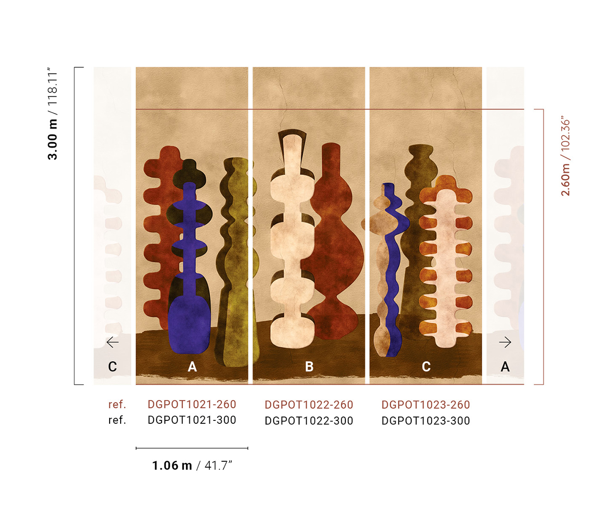 Papier peint panoramique Poterie Design indigo terracotta - A H260 - Terra de Masureel | Réf. MAS-DGPOT1021-260