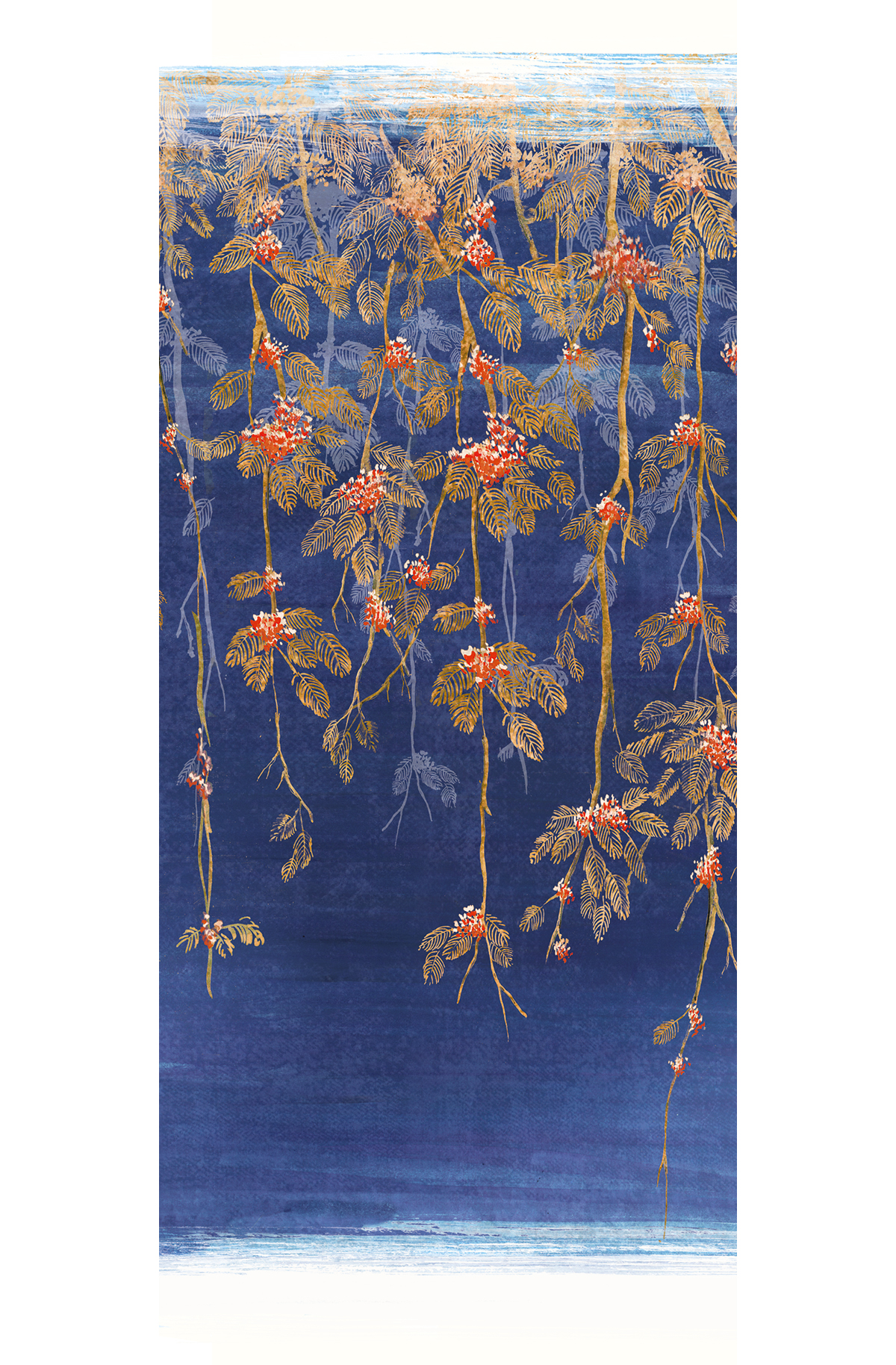 Papier peint panoramique Barque Japonaise River bleu marine - A H300 - Kimono de Masureel | Réf. MAS-DGKIM2031