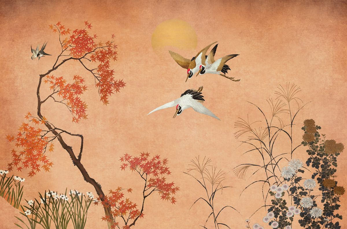 Papier peint panoramique Oiseau Crisantemos corail - Panorama 2 de Lutèce | Réf. LTC-PAN1593C