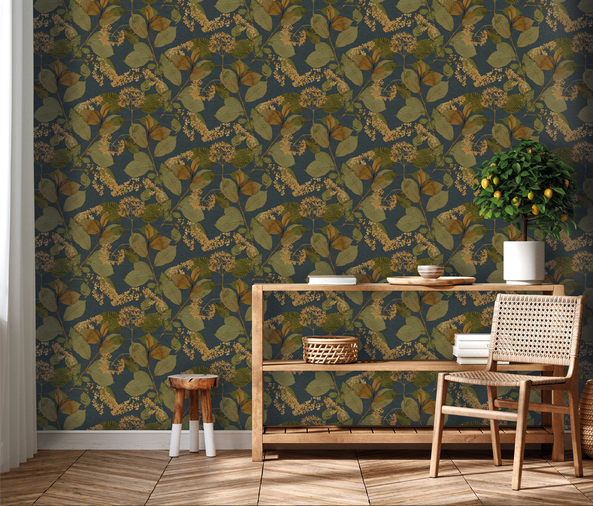 Papier peint Feuille Branchage Aplat marine vert - Herbier de Montecolino | Réf. MC-HE27233