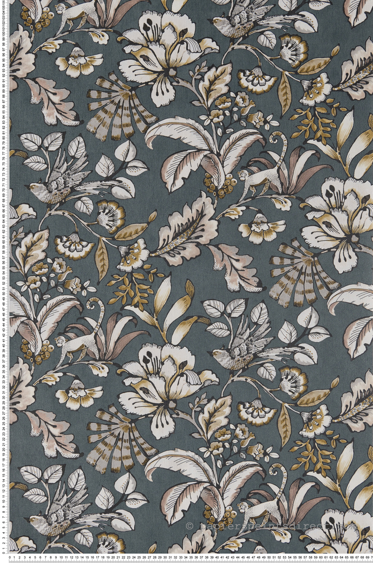 Papier peint animaux fleuri Paiony gris/bleu - Ceylan de Casamance | Réf. CAS-74522654