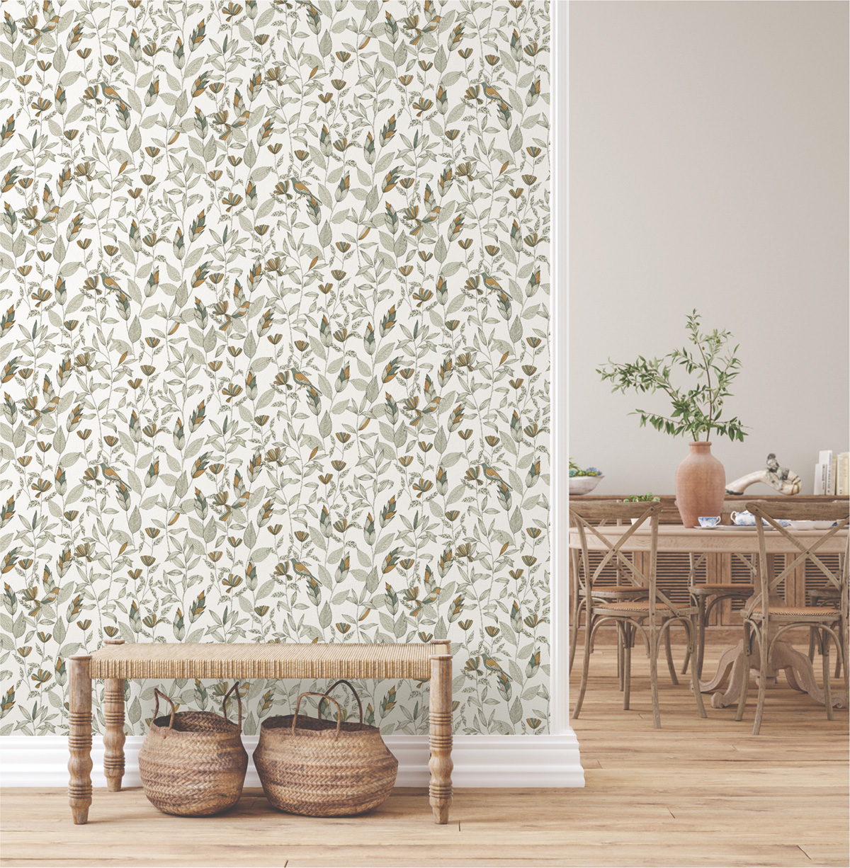 Papier peint Fleur Little Bird vert moutarde - Jardin d'Eden de Lutèce | Réf. LTC-51246104