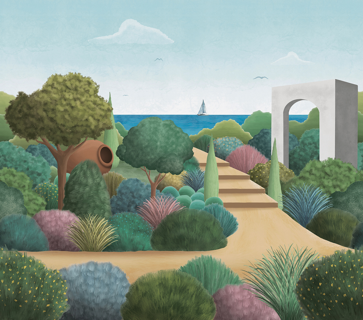 Papier peint panoramique Jardin Méditérranéen multicolore - Panorama 2 de Lutèce | Réf. LTC-PAN1501C