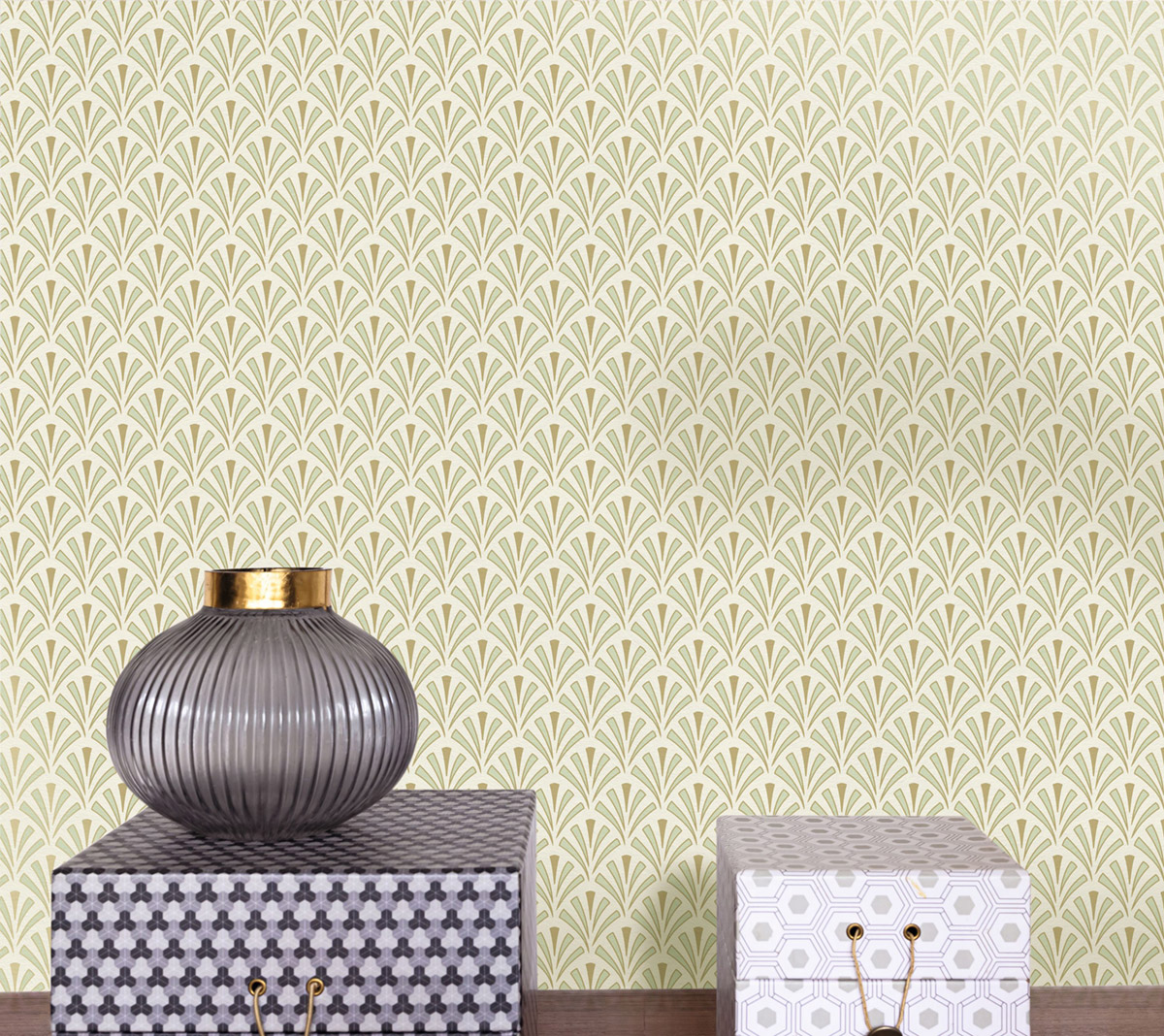 Papier peint Palmette Abundance vert amande doré - Elégance de Casélio | Réf. ELC105307026