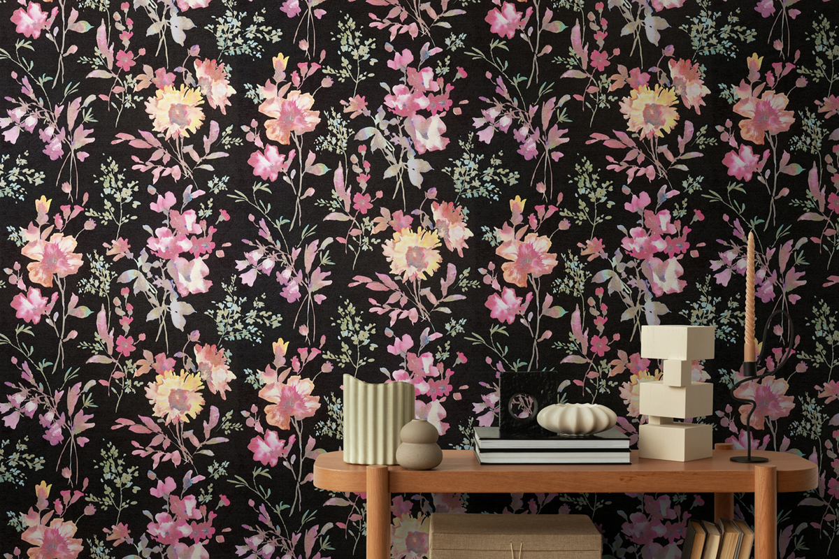 Papier peint Fleur Pétale Poetry noir rose métallisé - Cosmoliving d'A.S. Création | Réf. AS-790612