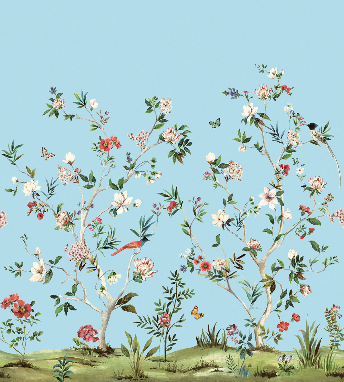 Papier peint panoramique Oiseaux Chinoiserie Magnolia bleu clair - Daisy Bennett d'Initiales | Réf. INI-DB30502M