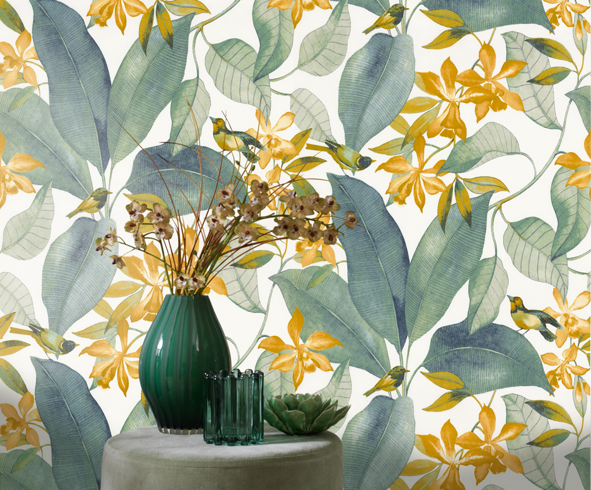 Papier peint Feuillage Bird Song vert - Delicacy de Casadéco | Réf. DELY85387171