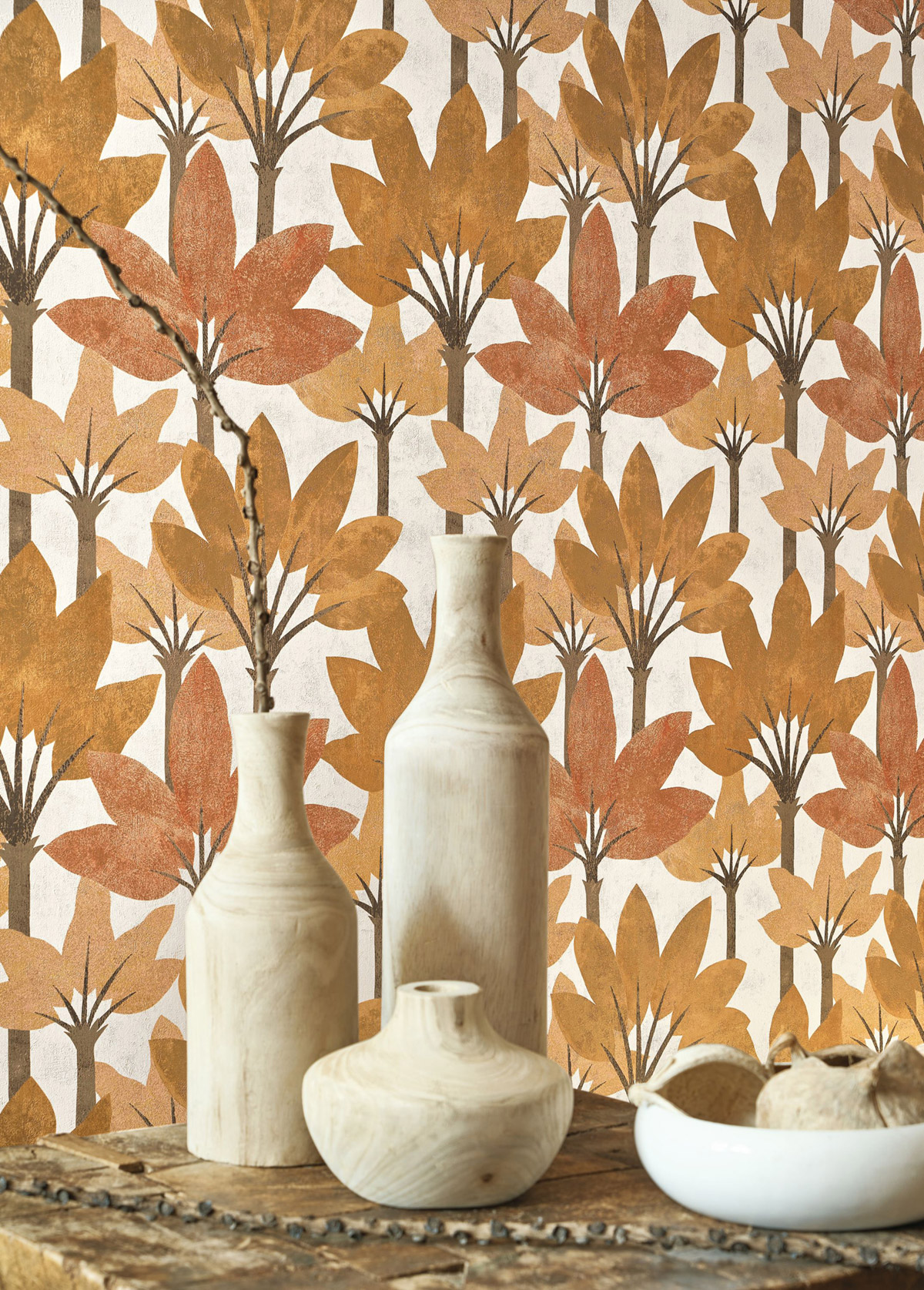 Papier peint Forêt Métallisé Babel curry brique - Babylone de Casadéco AMB2| Réf. BBLN89712310