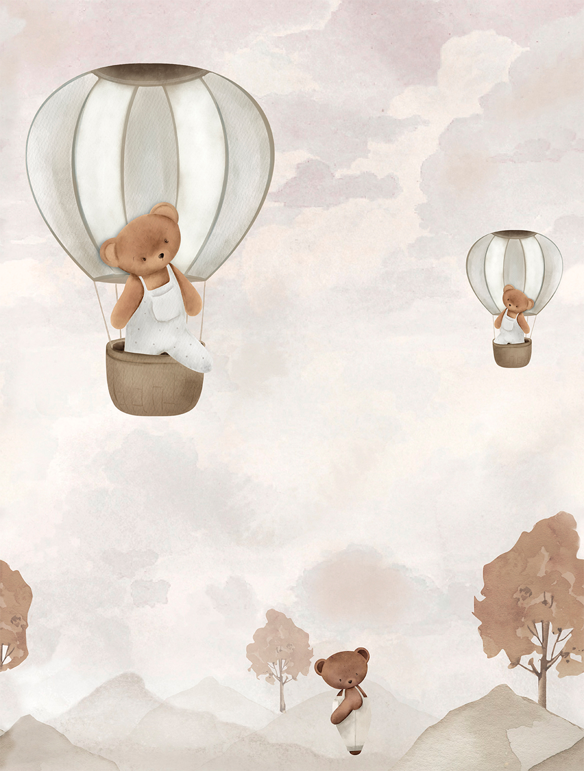 Papier peint panoramique Ourson Balloon Buddies gris - Farandole de Lutèce | Réf. LTC-CW6135-2