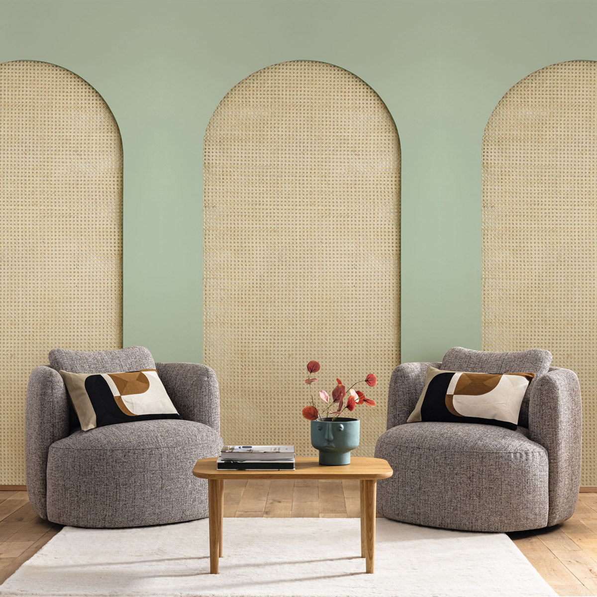 Papier peint panoramique Arche Cannage en Rotin vert S 159X250 - Reliefs de Casélio | Réf. RLF106207034