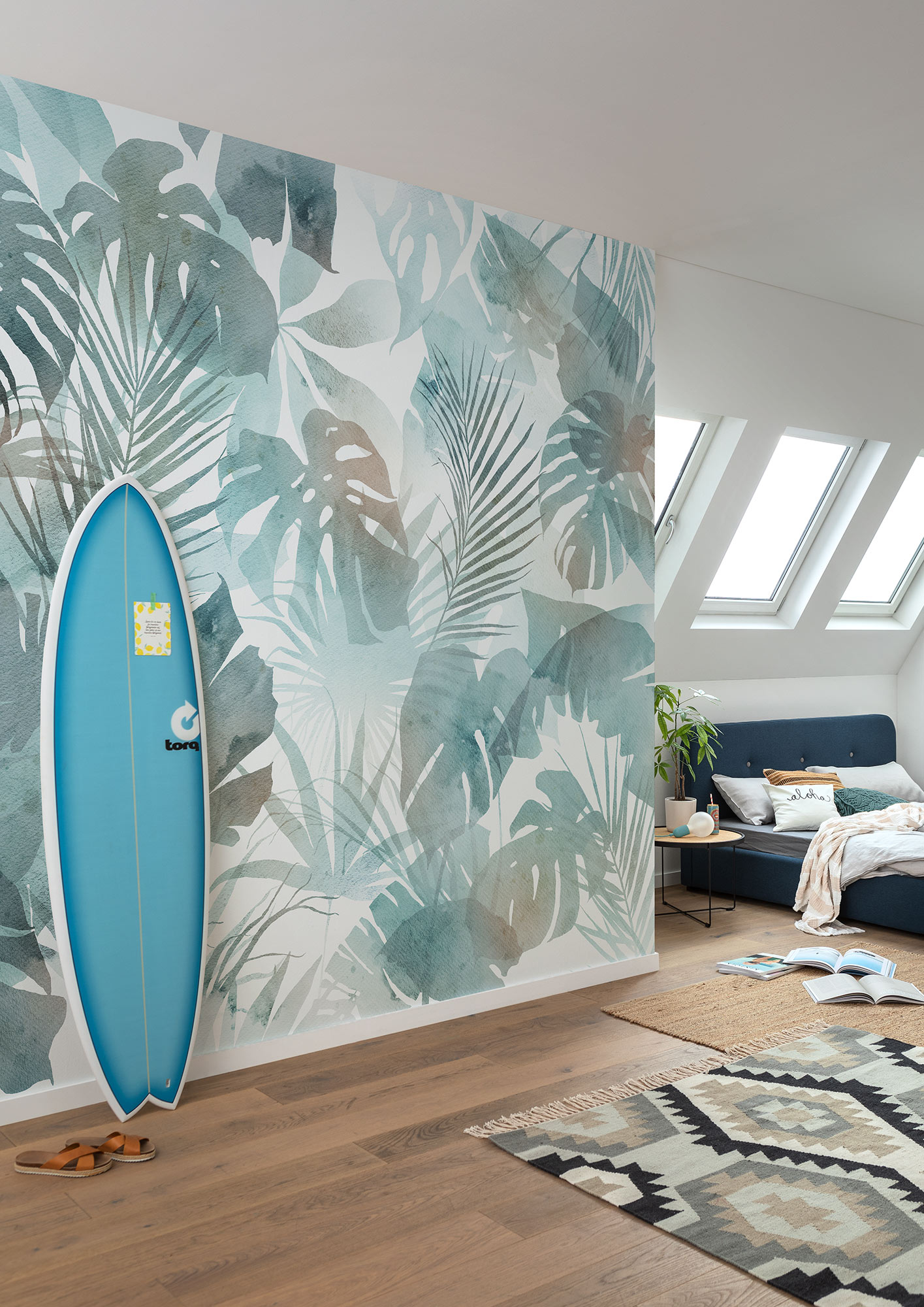 Papier peint panoramique Palmes Aqua Flora - Papier peint Komar Flair