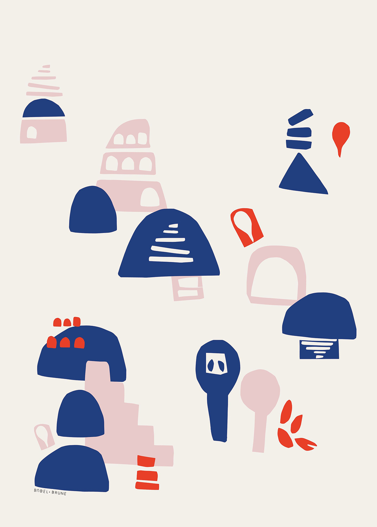 Papier peint panoramique Village Abstrait bleu et rose - Gallery de Casadéco | Réf. GLRY86314254