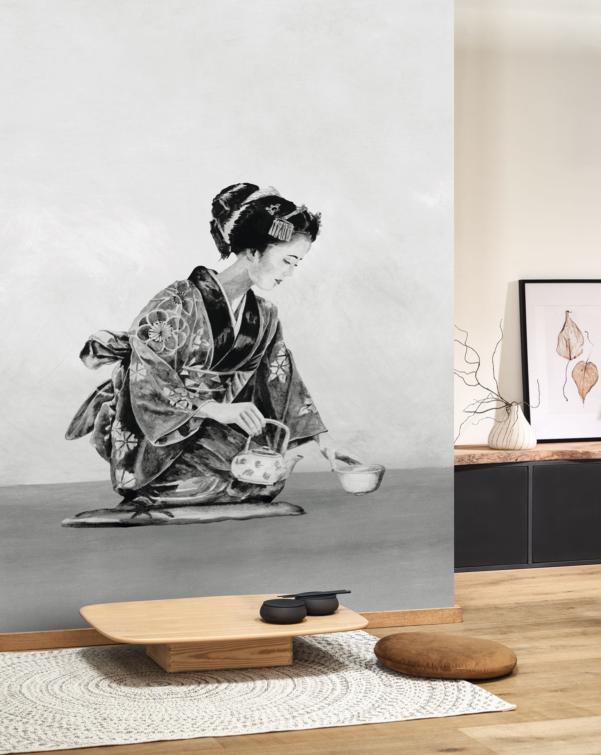 Papier peint panoramique Cérémonie du the noir fusain - Kyoto de Casadéco AMB1 | Réf. KYTO88869360