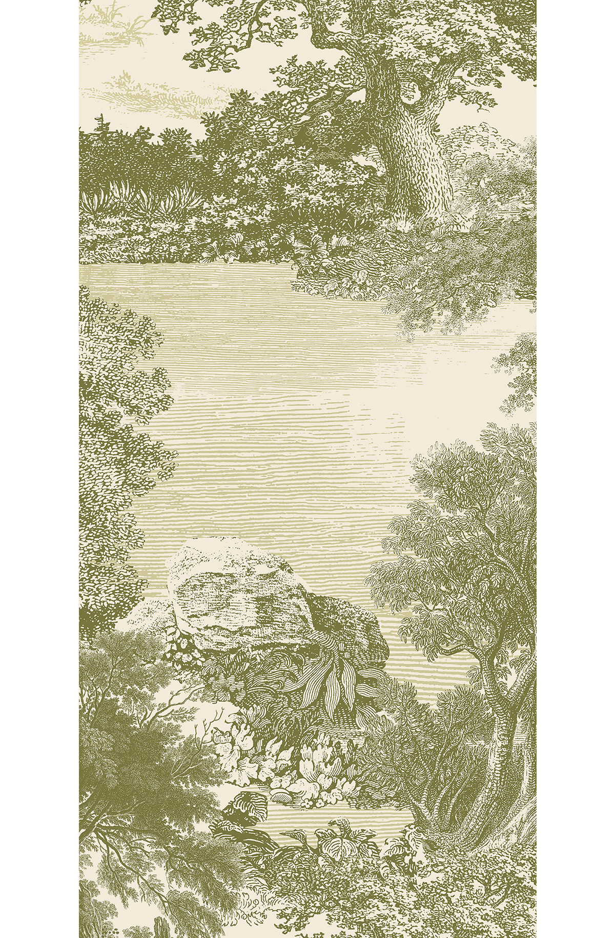Papier peint panoramique Toile de Jouy Salcey vert olive - A H260 - Amazone de Masureel | Réf. MAS-DGSAL1031-260