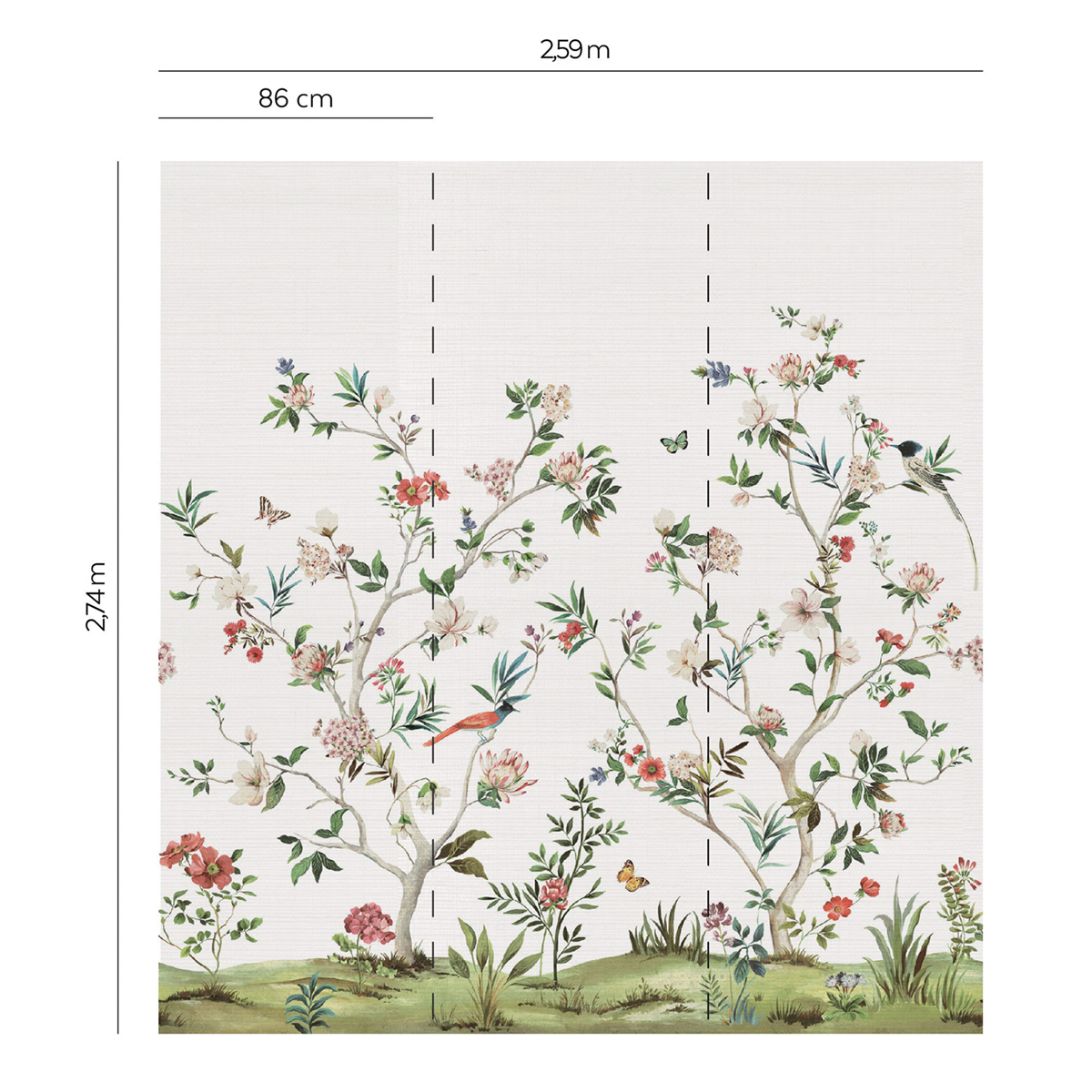 Papier peint panoramique Oiseaux Chinoiserie Magnolia Grasscloth argenté - Daisy Bennett d'Initiales | Réf. INI-DB31500M