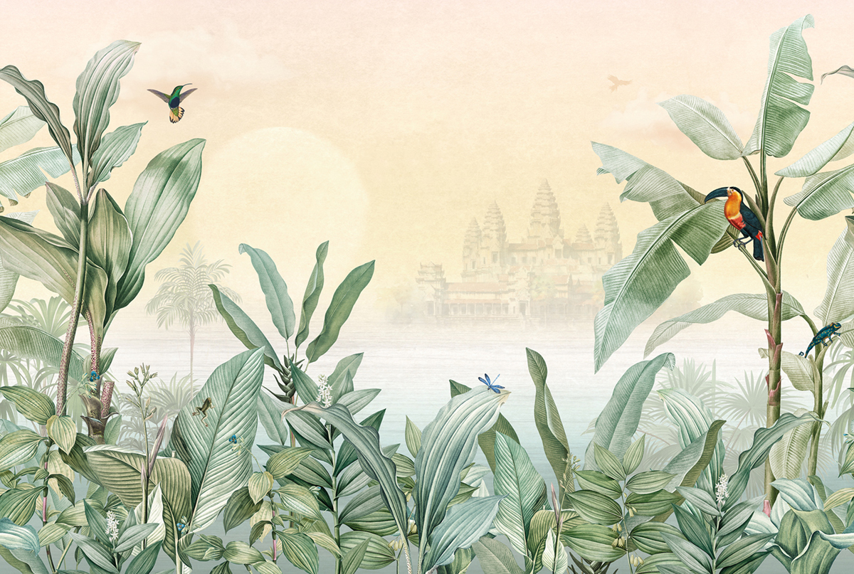 Papier peint panoramique Tropical Angkor vert - Panorama 2 de Lutèce | Réf. LTC-PAN1471C