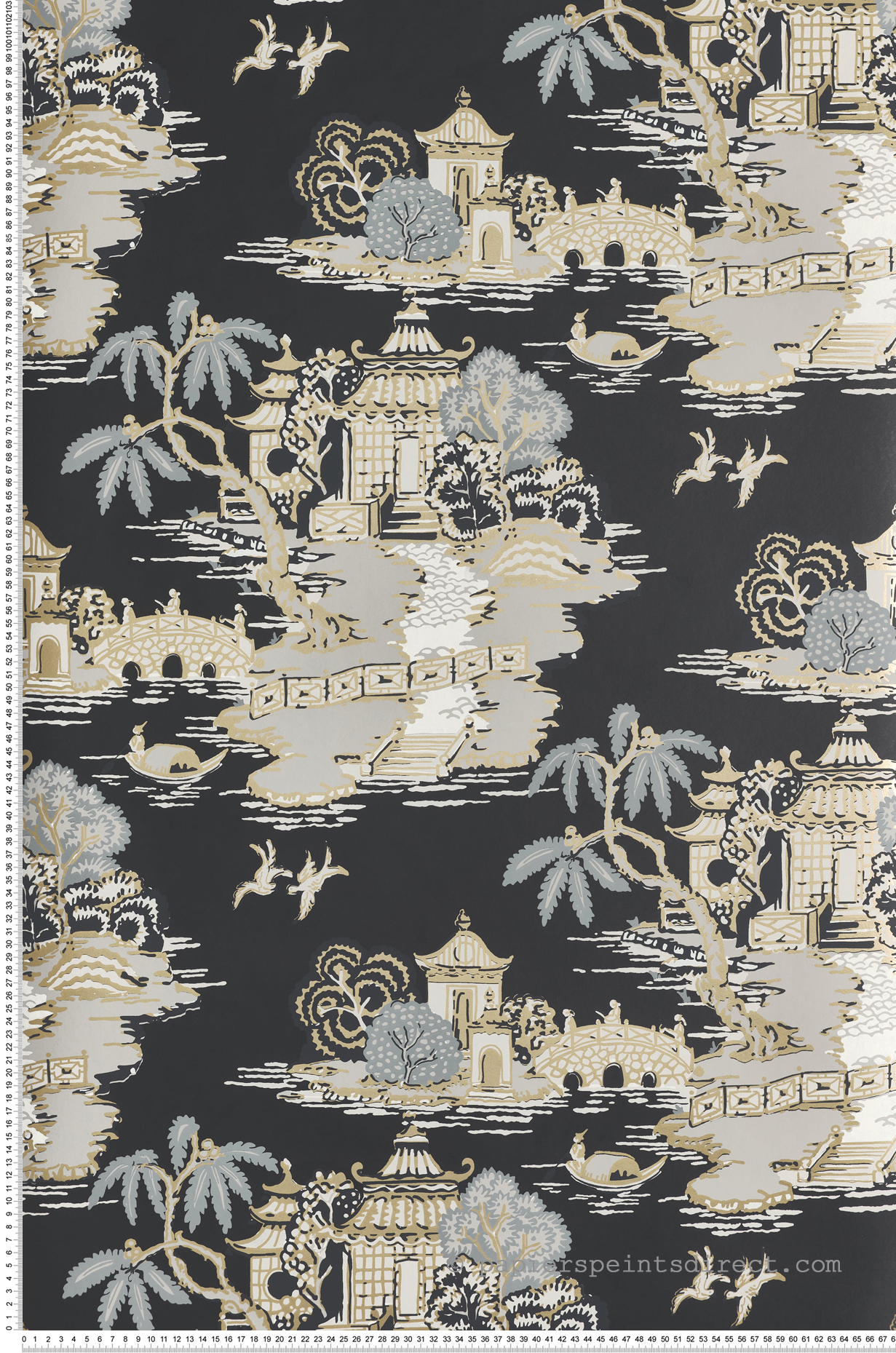 Papier peint Scène Chinoise Pagoda et Sampan noir doré - Toiles de York (Initiales) | Réf. INI-RT7902