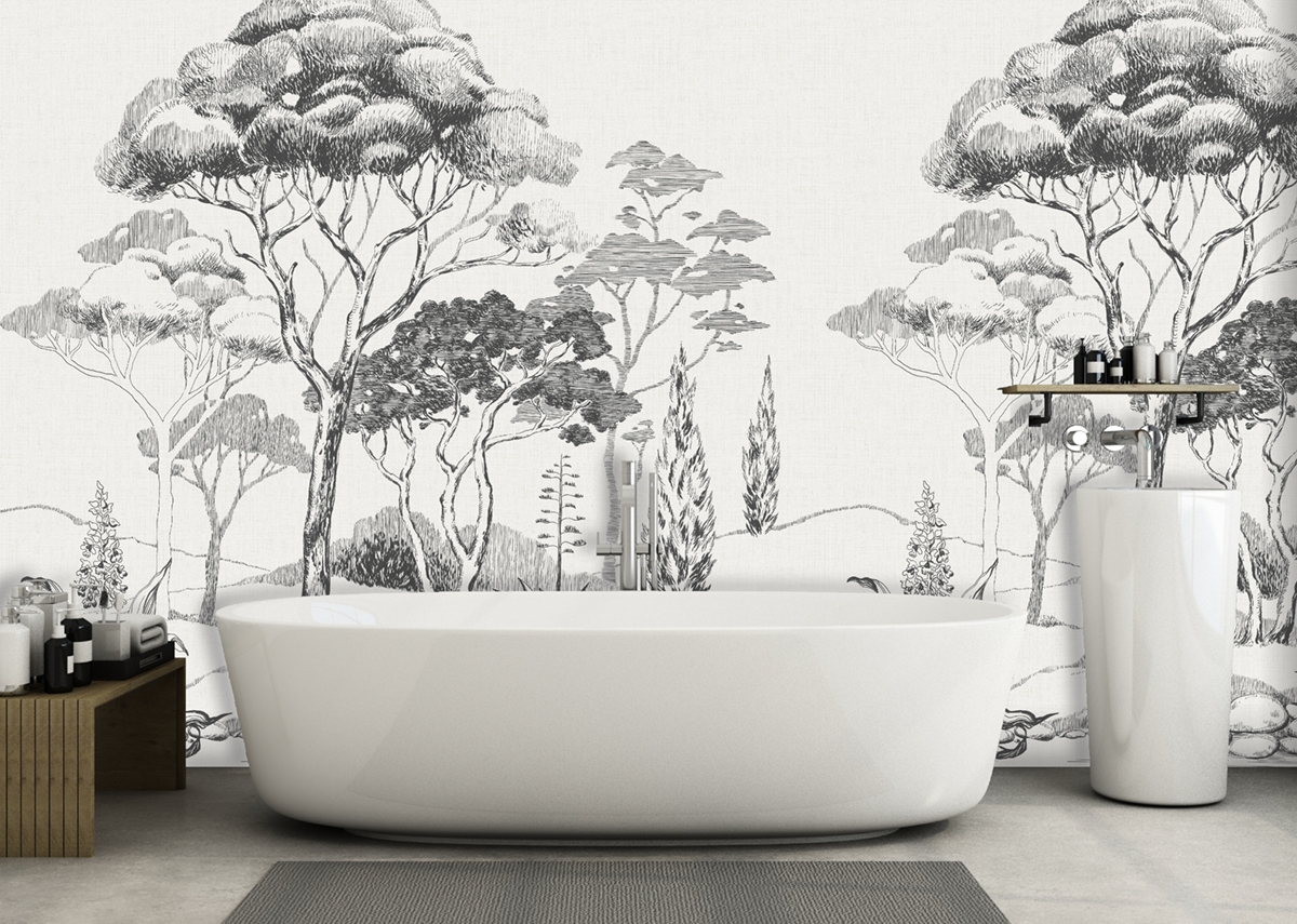 Papier peint panoramique Arbres Pins des Landes noir et blanc - Cuisines & Bains de Lutèce | Réf. LTC-51231809