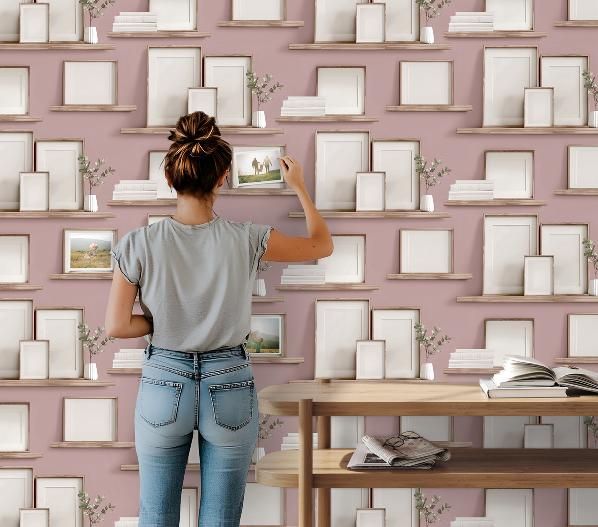 Papier Peint Étagère Cadre Photo rose - Illusion d'Ugépa | Réf. UGP-M89203