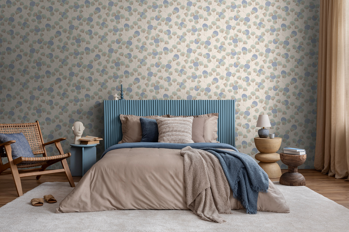 Papier peint Végétal Rétro Aster taupe bleu - Nordic Feeling d'A.S. Création AMB3 | Réf. AS-791511