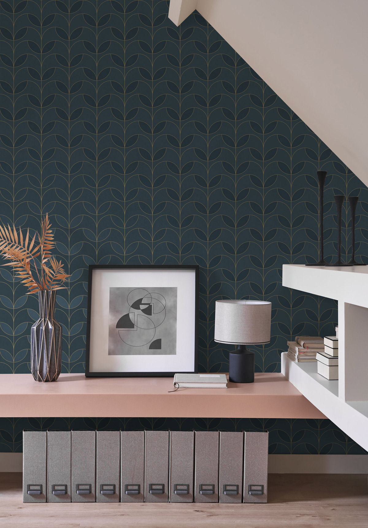 Papier peint Tulipe Art Déco Mistinguett bleu marine doré - Années Folles de Casadéco | Réf. ANFO201026793