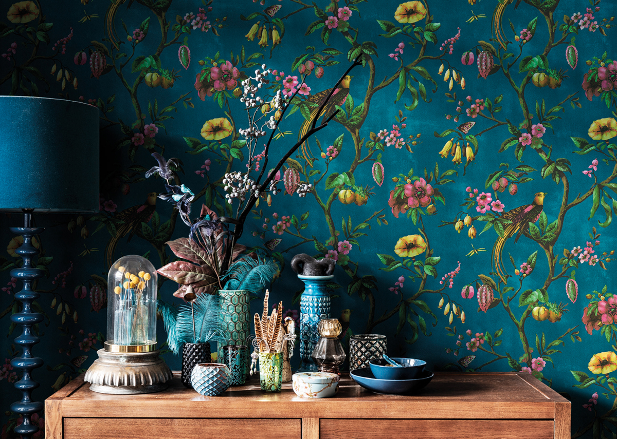 Papier peint Oiseaux de Paradis bleu pétrole - Bloom de Lutèce AMB | Réf. LTC-BLO443