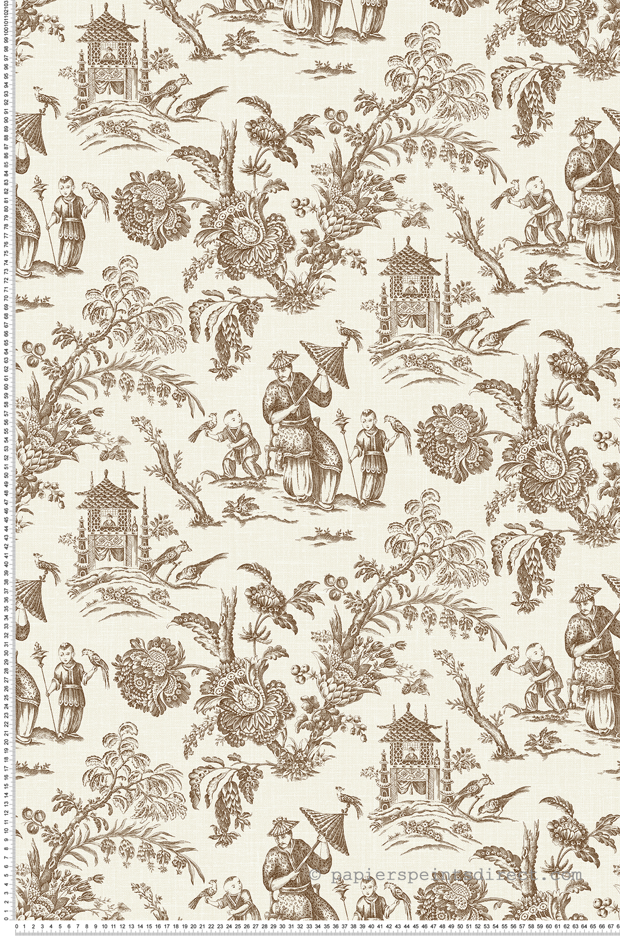 Papier peint Toile de Jouy Chinoiserie marron écru - French Country d'Initiales | Réf. INI-FC61806