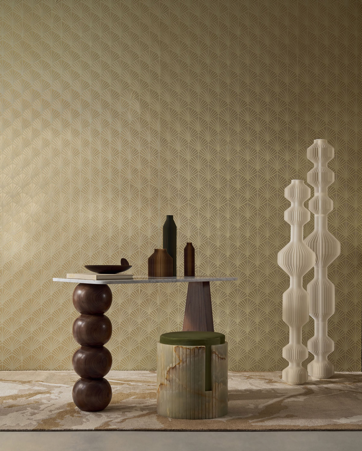 Papier peint Palmette Art Déco Néréide vert lichen doré - Magnitude de Casamance | Réf. CAS-76651324