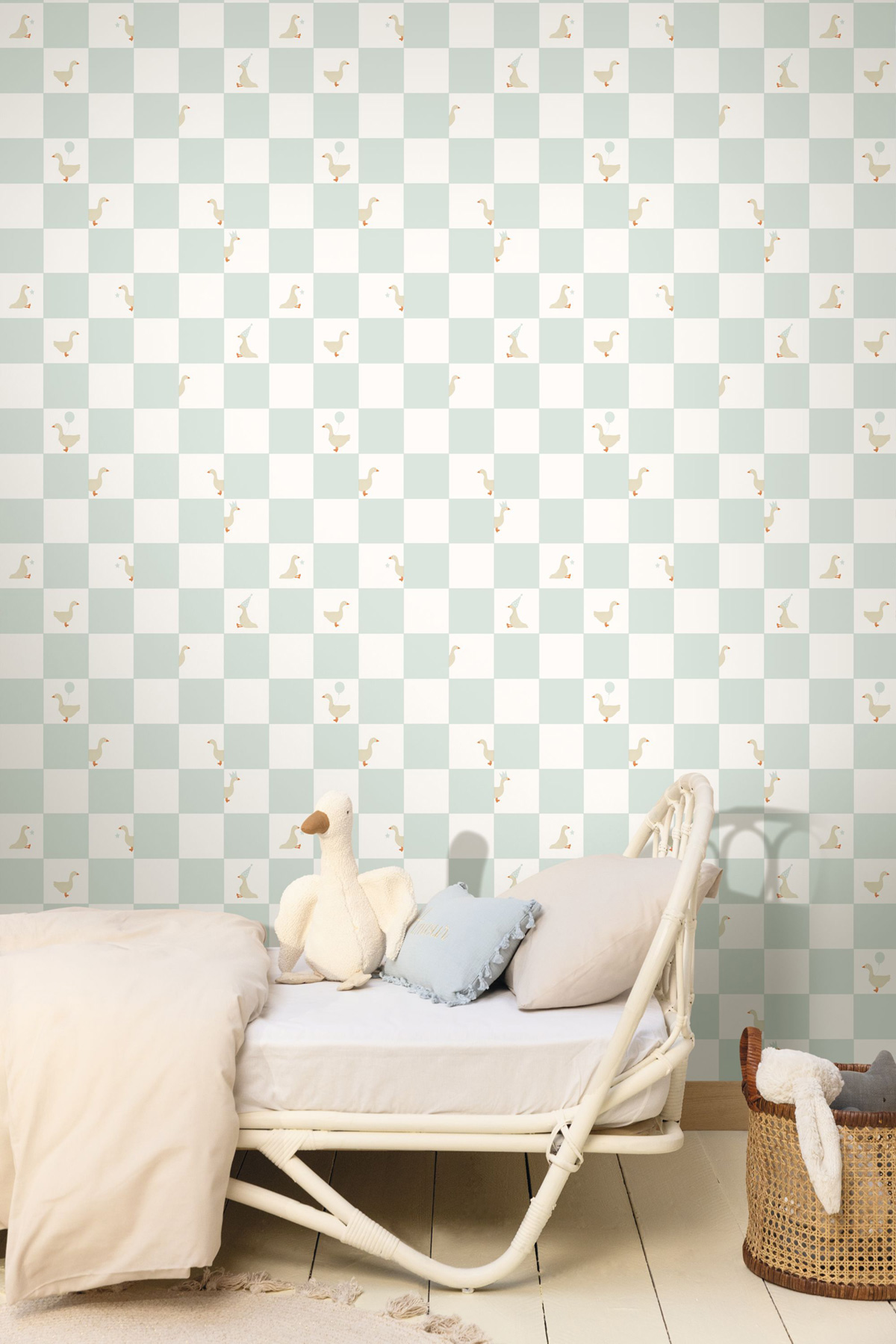 Papier peint Damier Oiseaux Goose bleu clair - Happy Kids Club de Casélio | Réf. HKC107590675