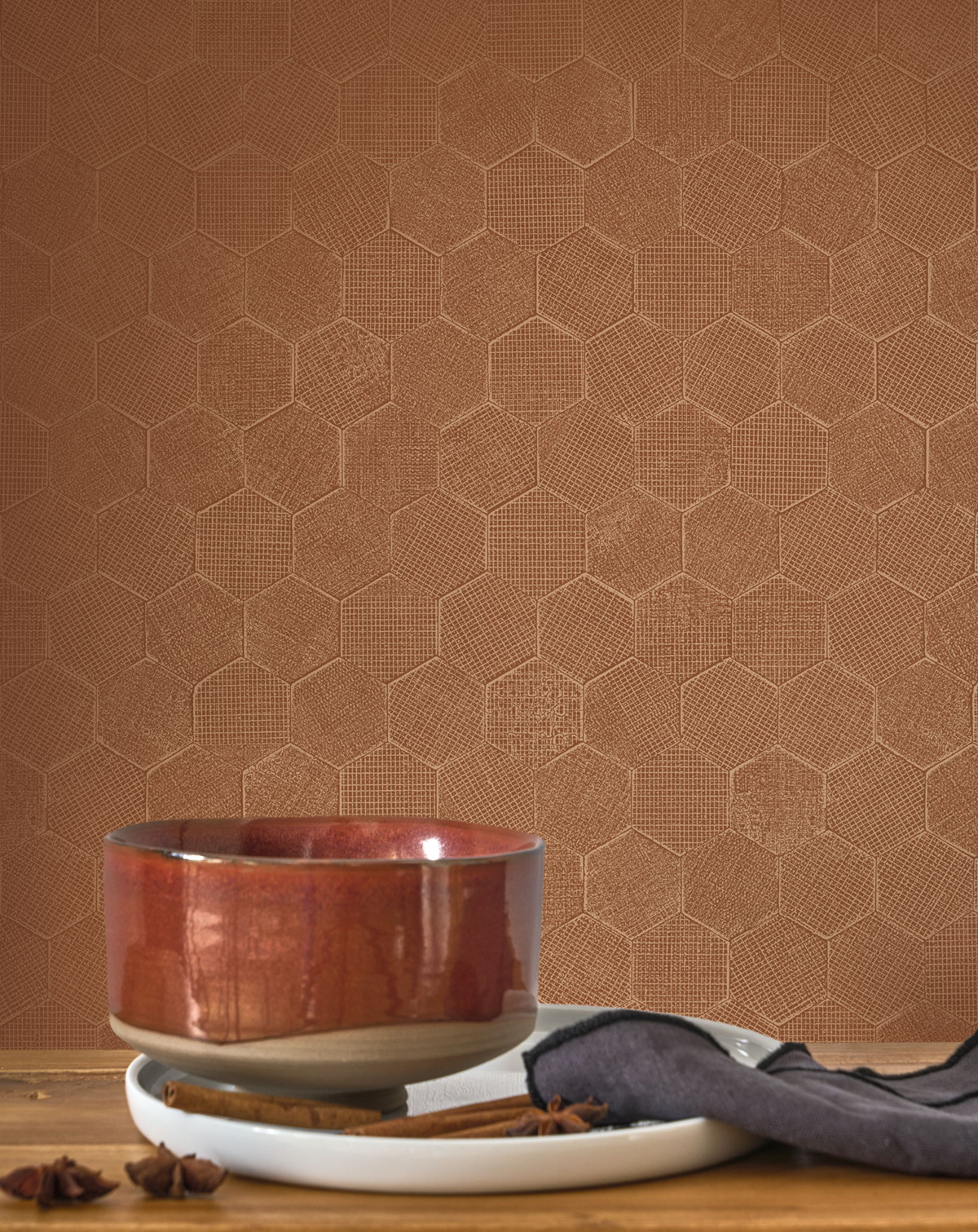 Papier peint Hexagone Meli terracotta doré - Solaris de Casadéco | Réf. SOLA201913000
