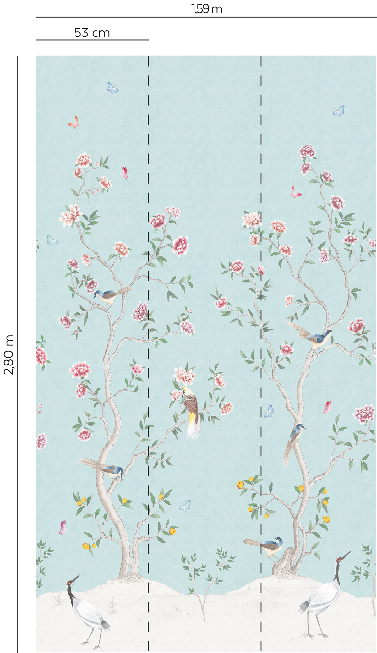 Papier peint Panoramique Oiseaux Chinoiserie Fleurie bleu ciel - Romance de Lutèce | Réf. LTC-19111