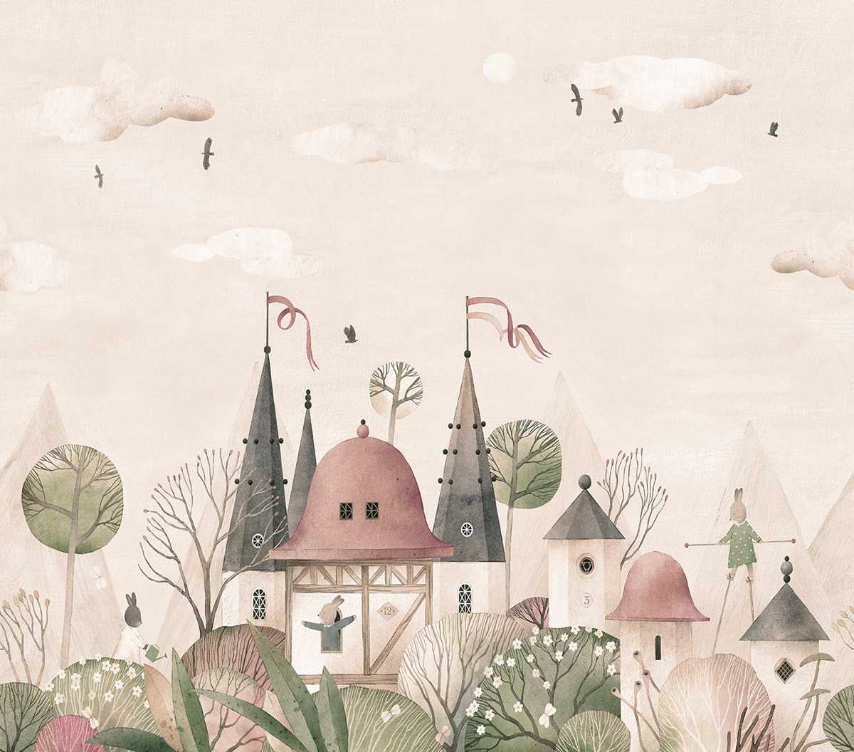 Papier peint panoramique Village Woodland Bunnies beige brun - Farandole de Lutèce | Réf. LTC-CW6007-7