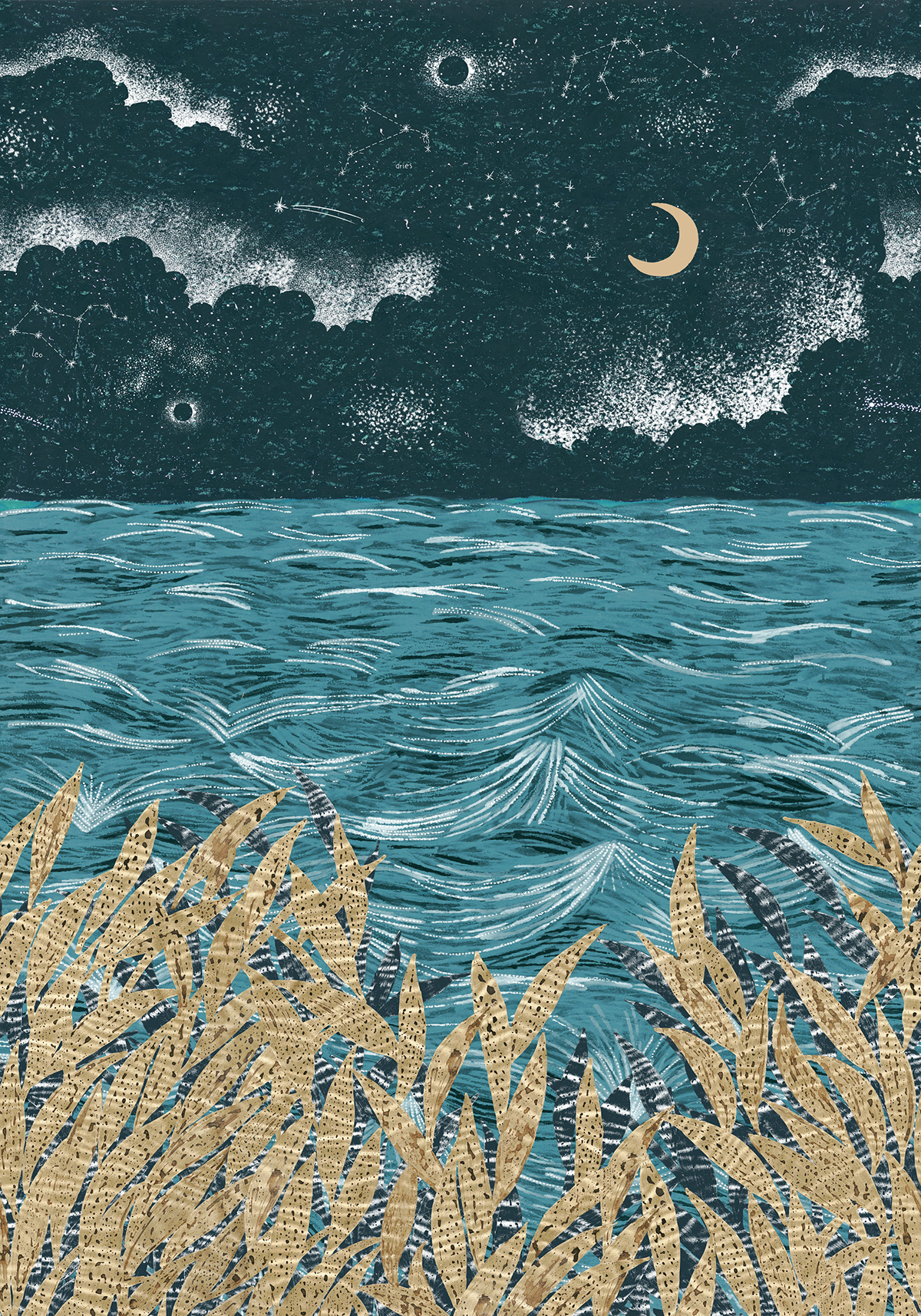 Papier peint panoramique Océan Callisto bleu nuit doré - Nuit d'Orient de Casamance | Réf. CAS-75432242