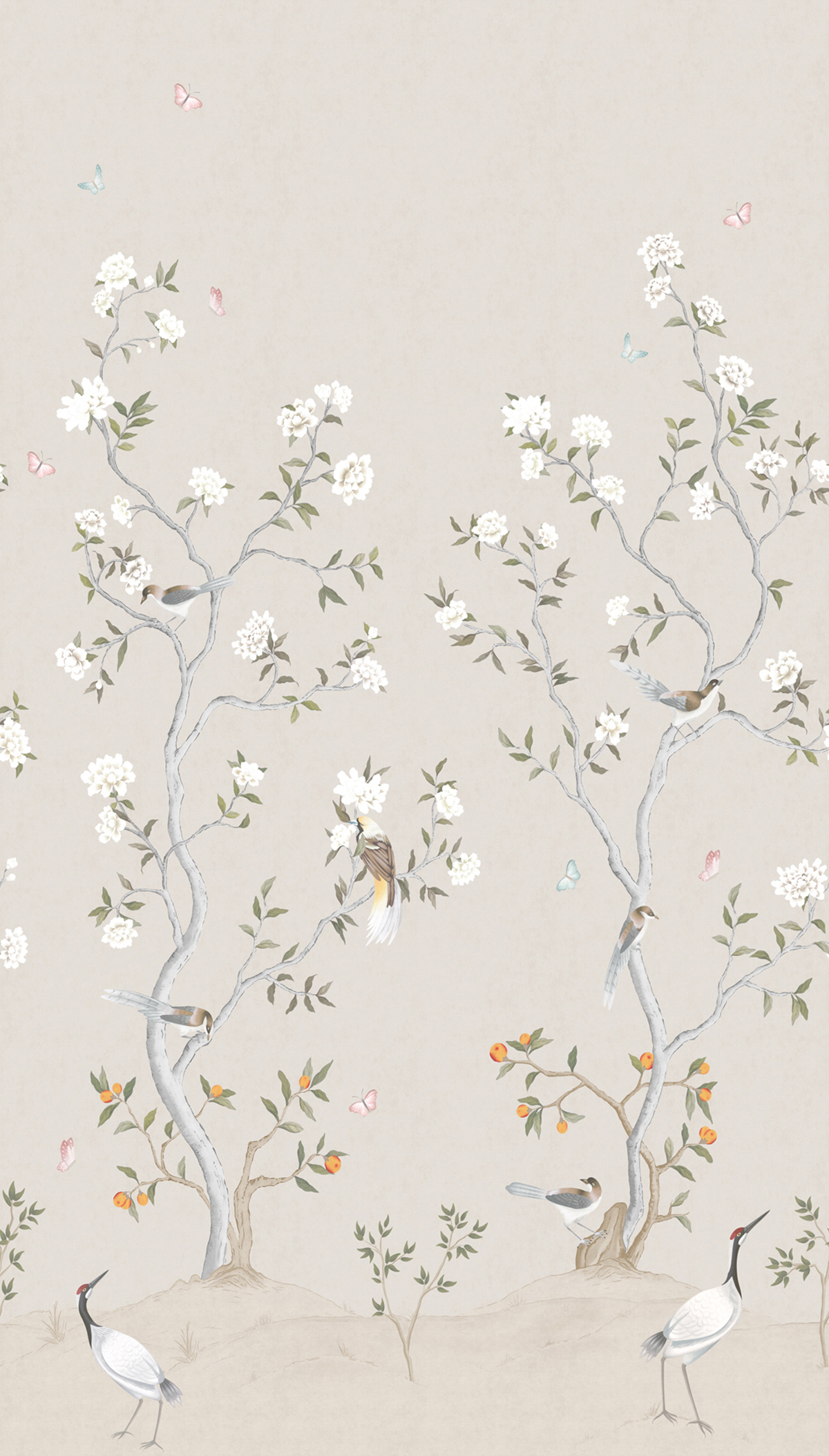 Papier peint panoramique Oiseaux Chinoiserie Fleurie grège - Panorama 2 de Lutèce | Réf. LTC-PAN1532C