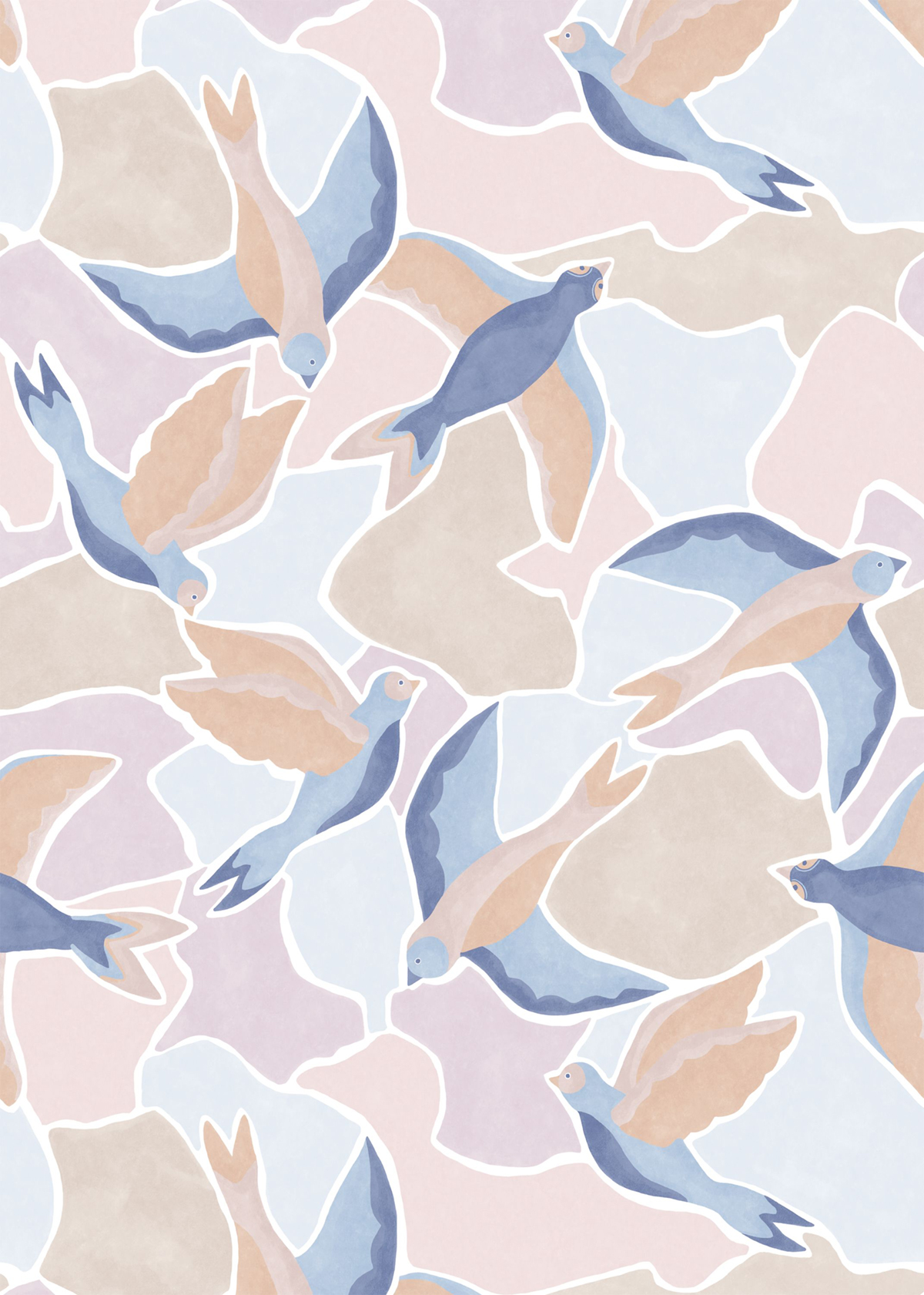 Papier peint panoramique Oiseau Songerie M bleu rose 200x280 - Wonderwalls de Casadéco | Réf. WDWS88996403