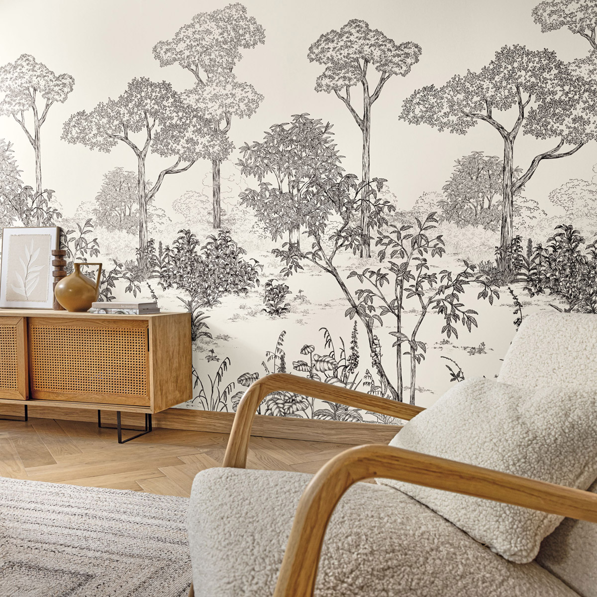 Papier peint panoramique Forêt Gravure Arboretum noir et blanc 200X280 - Art of Botany de Casélio AMB2 | Réf. AOB106690903