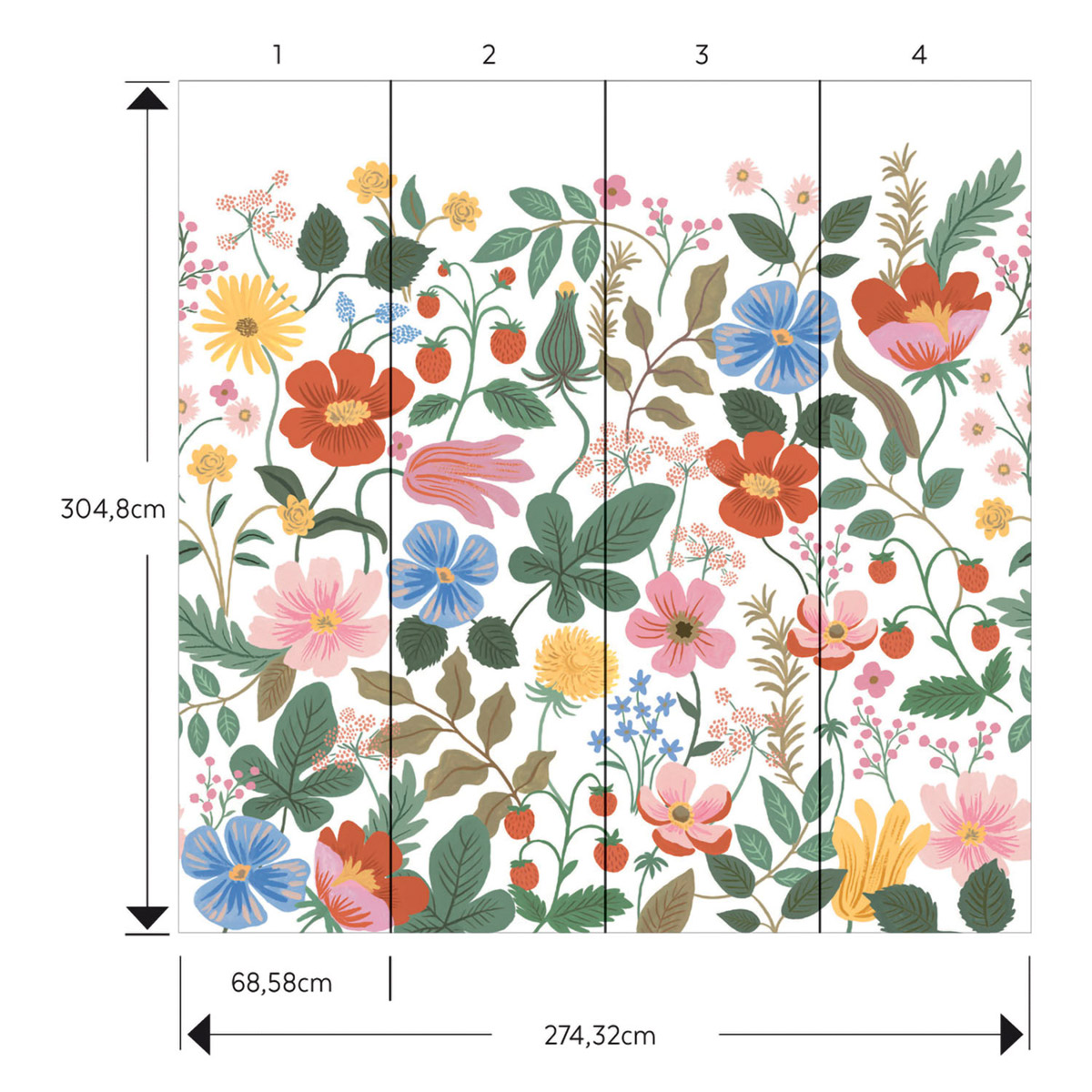 Papier peint panoramique adhésif Strawberry Fields blanc - Rifle Paper Co. 3 de York (Initiales) amb| Réf. INI-PSW1334M