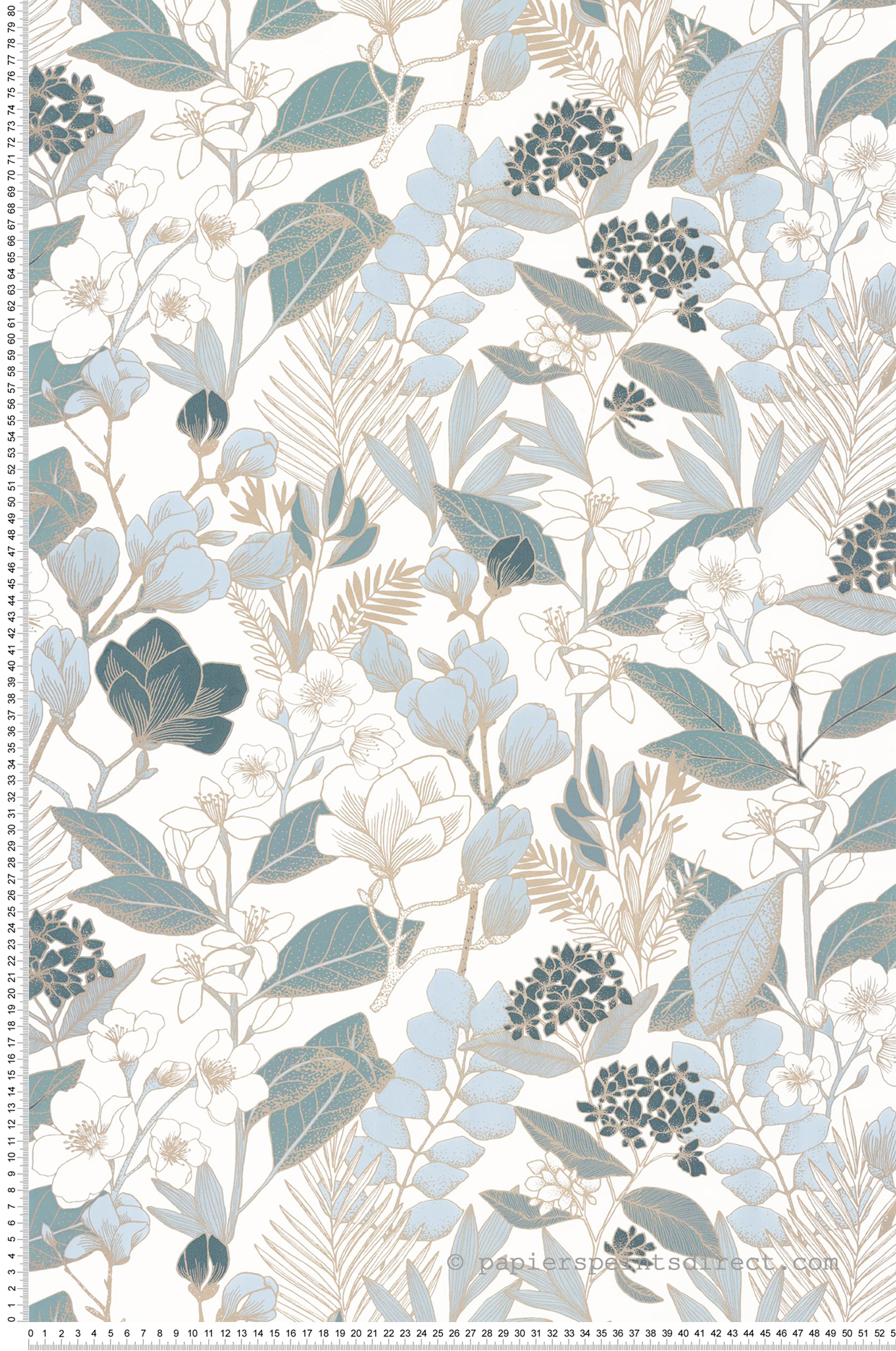 Papier peint Feuillage Lovely Field bleu doré fond blanc - Blue Shades de Casélio | Réf. BLS102656260
