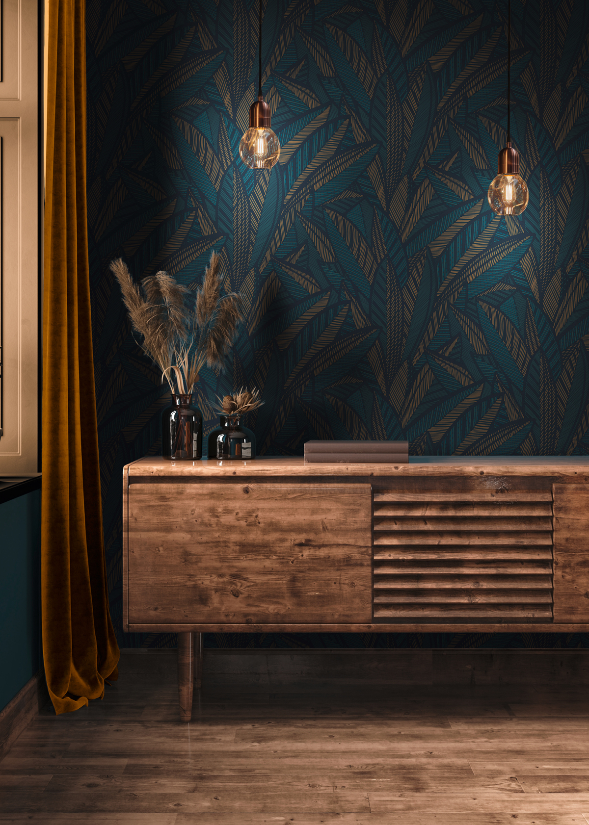 Papier peint Feuille Art Déco bleu moutarde - French Affair d'A.S. Création | Réf. AS-399335