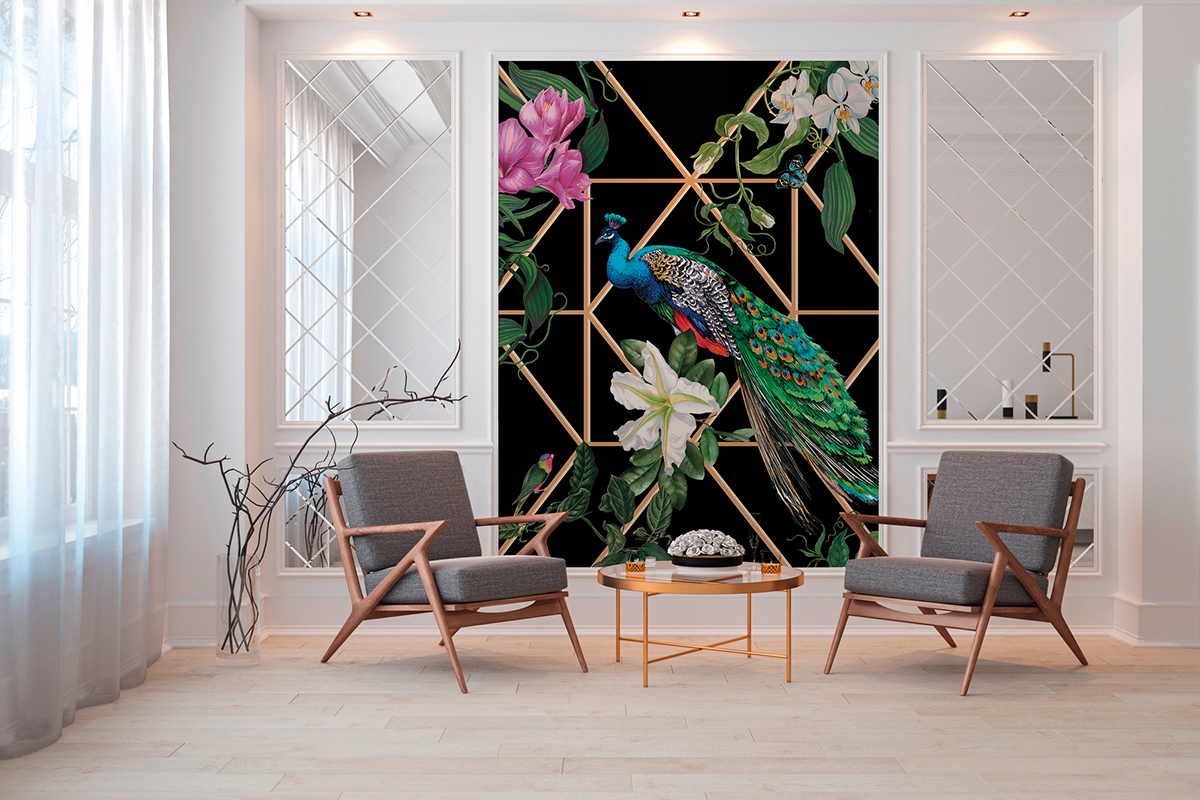 Papier peint panoramique Fleur et Paon vert et doré - Change is good de Michalsky | Réf. MC-DD120235