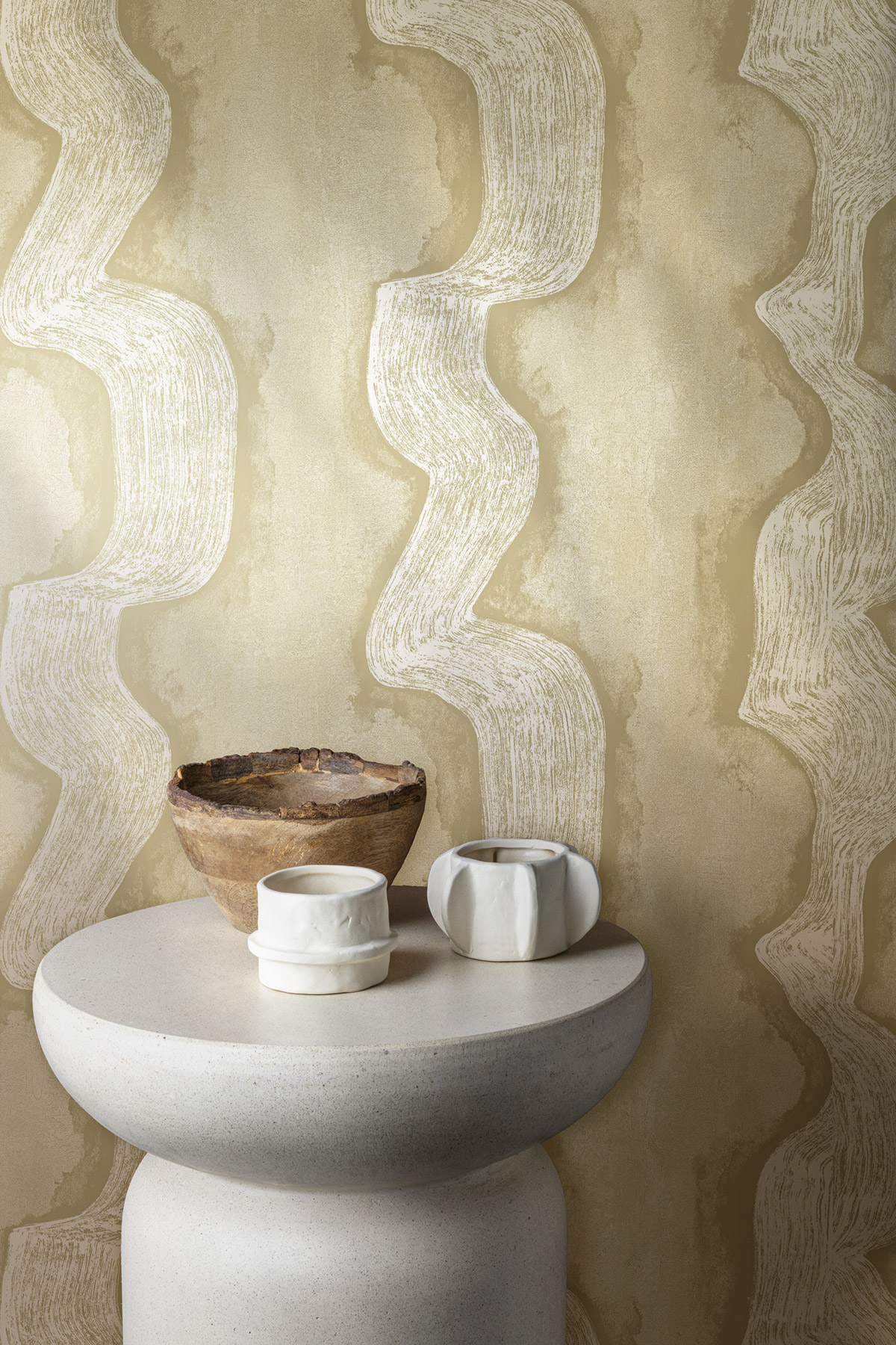 Papier peint panoramique Rayures Ondulées Shodo beige sable - Traces de Masureel | Réf. MAS-DGTRA301-300