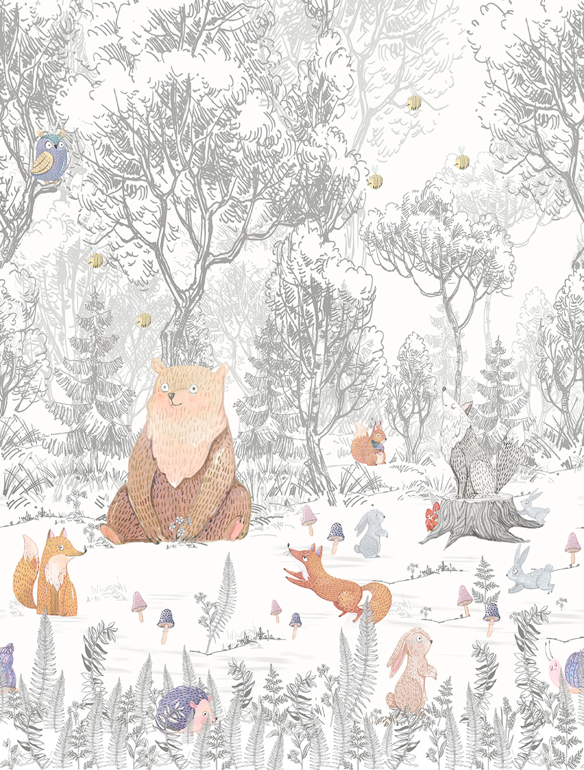 Papier peint panoramique Ours Forest Animals gris - Farandole de Lutèce | Réf. LTC-CW6043-1