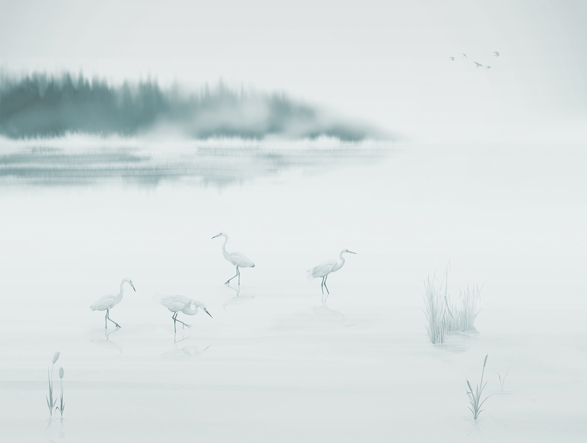 Papier peint panoramique Héron Albufera bleuté - Panorama 2 de Lutèce | Réf. LTC-PAN1691C