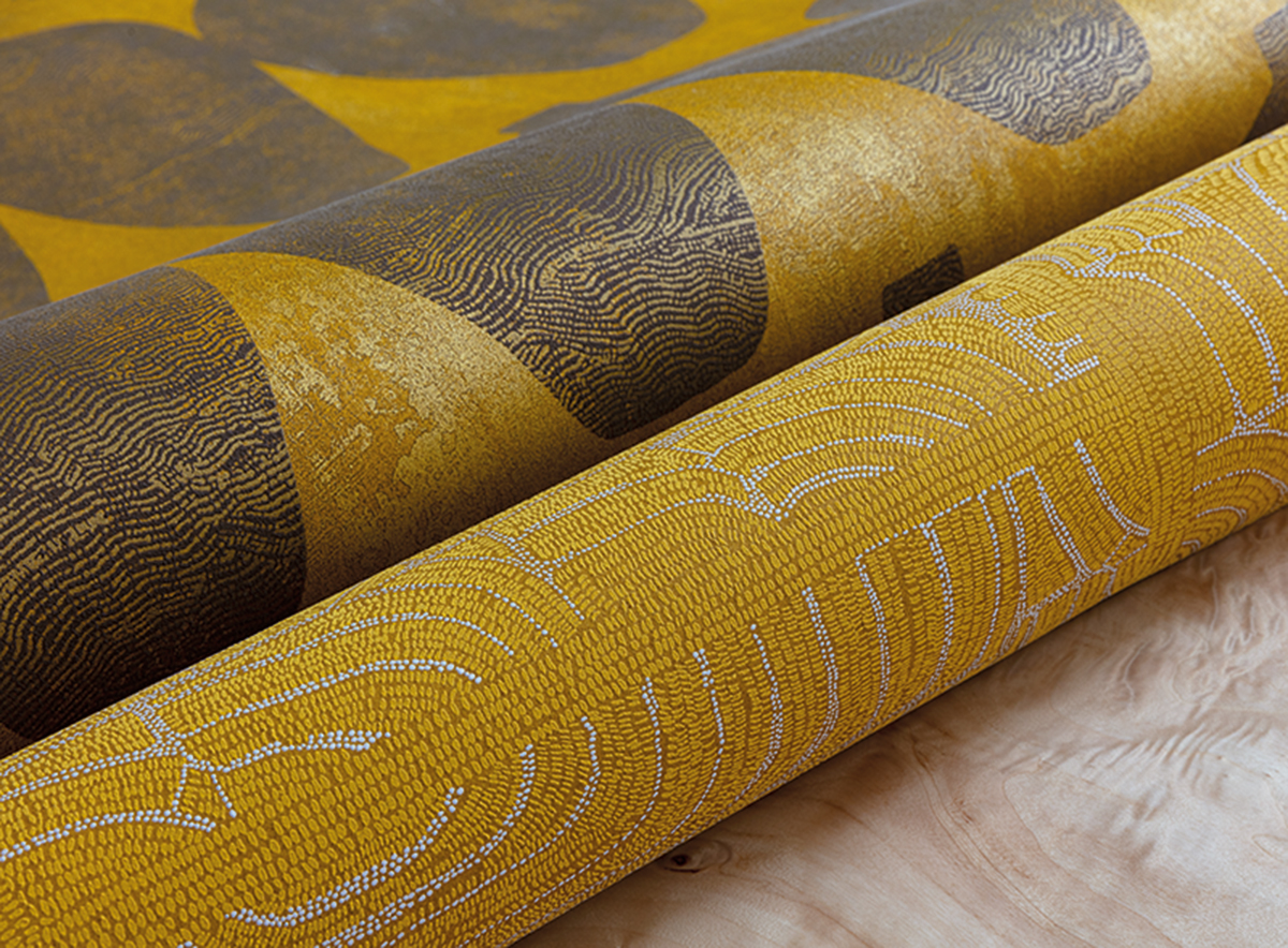 Papier peint Vase Ethnique Hemia moutarde métallisé - Terra de Masureel | Réf. MAS-TER206