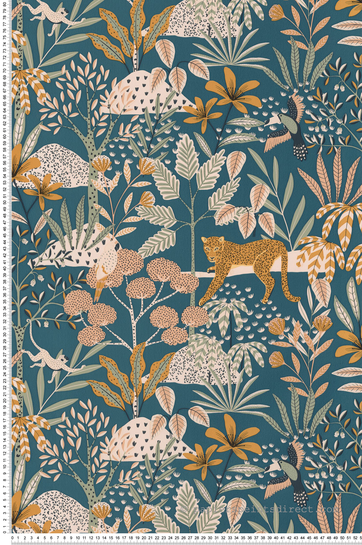 Papier peint Jungle Animaux Jane bleu paon rose - Let's Go Girls! de Casélio | Réf. LGG104486488