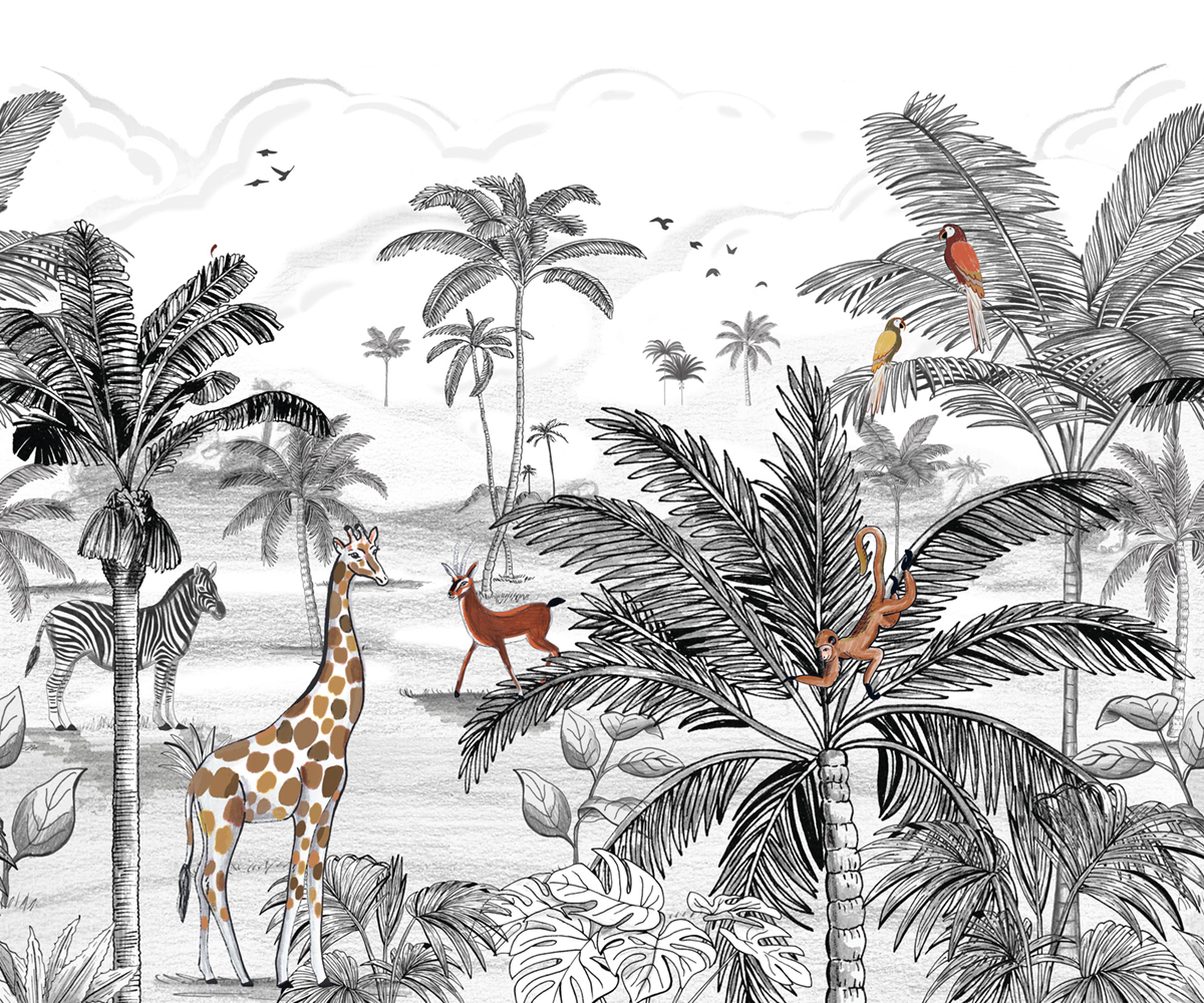 Papier peint panoramique Girafe Monde de la Jungle noir S 300X250 - Les Minis Mondes de Casélio | Réf. MNM105789007