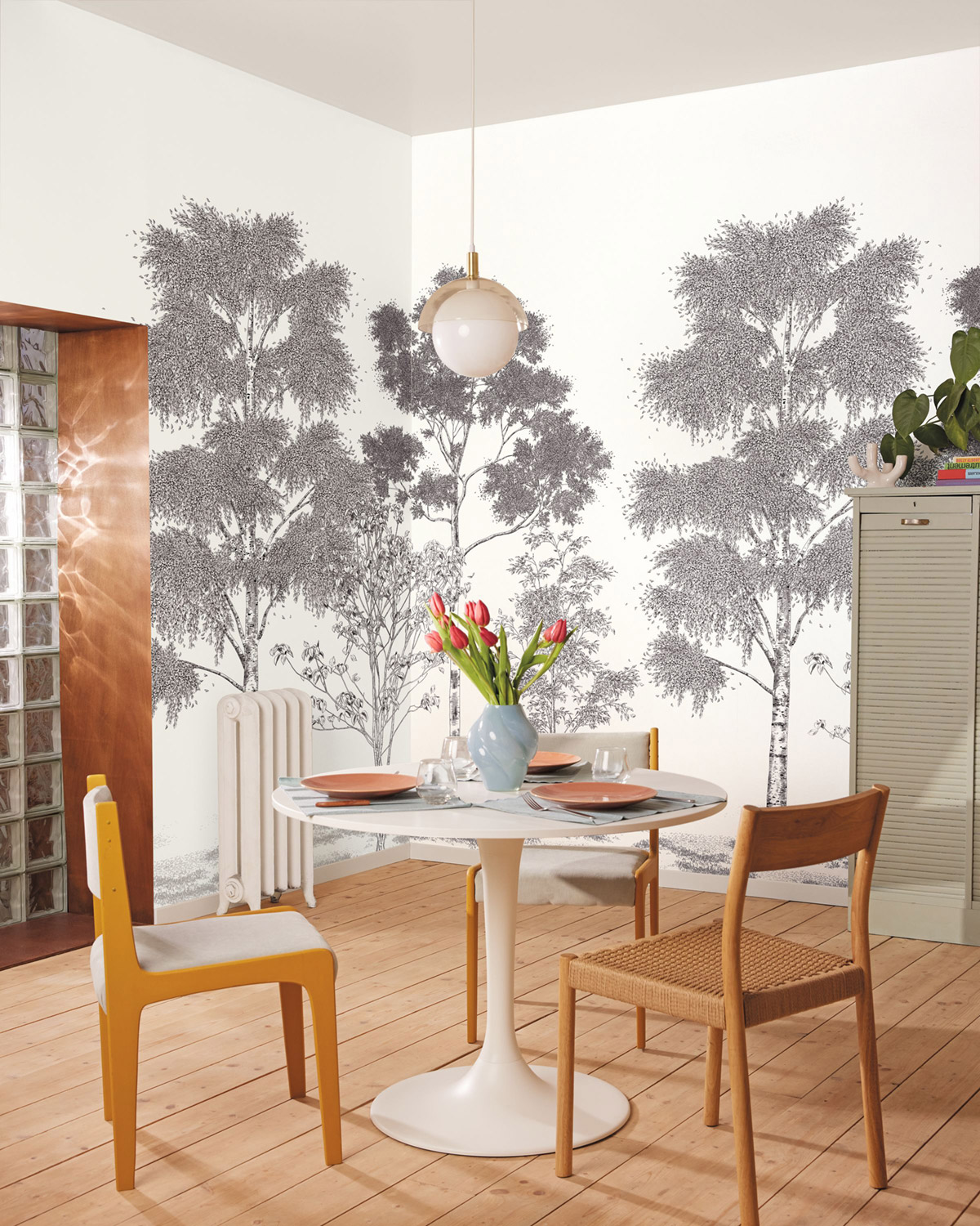 Papier peint panoramique Arbres Poésie Printanière noir blanc S 250X250 - Balade de Casélio | Réf. BLD106169006